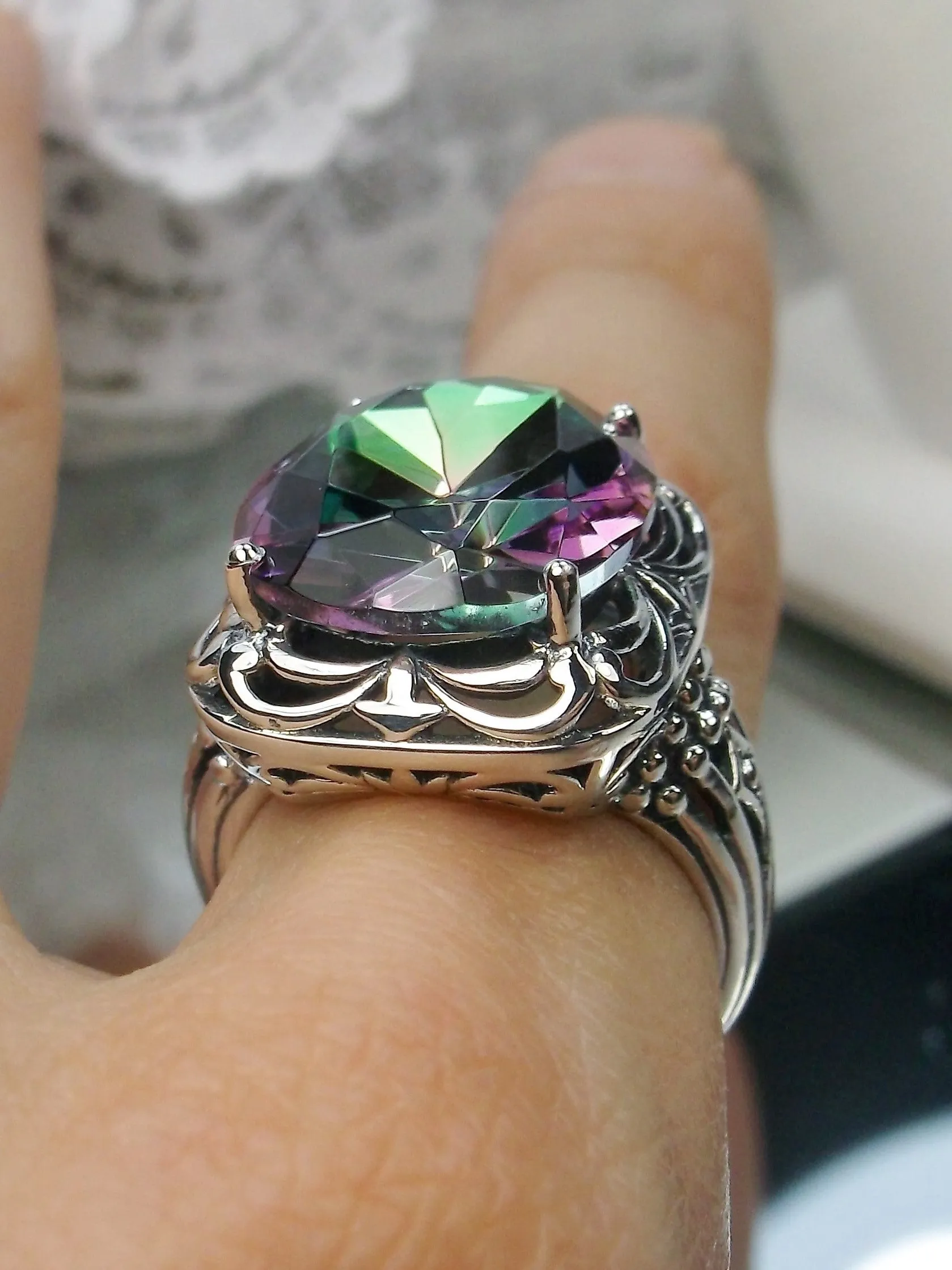 Mystic Topaz Ring, Oval Gemstone, Retro Swirl Filigree, Art Deco Vintage Jewelry, D119