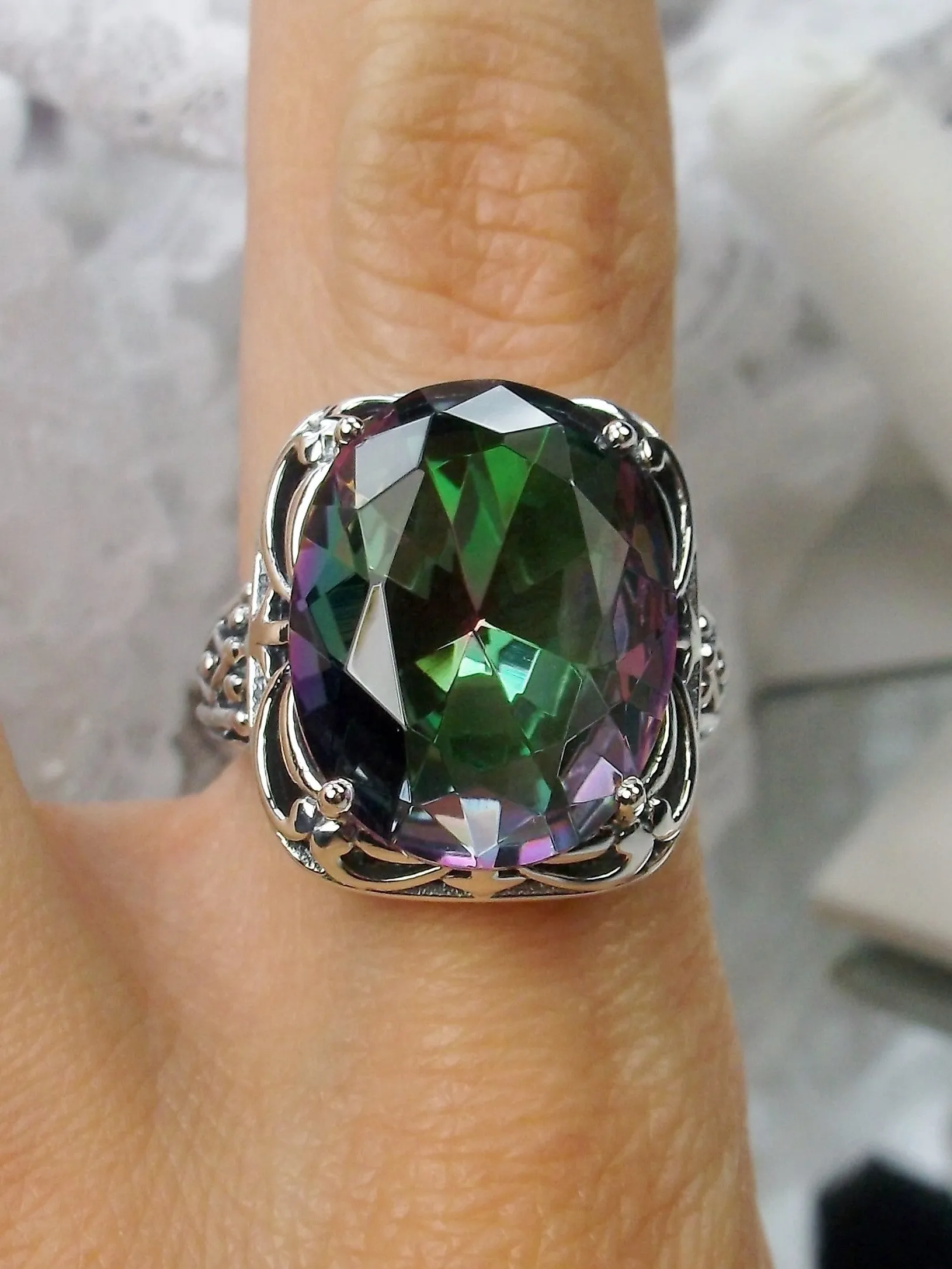 Mystic Topaz Ring, Oval Gemstone, Retro Swirl Filigree, Art Deco Vintage Jewelry, D119