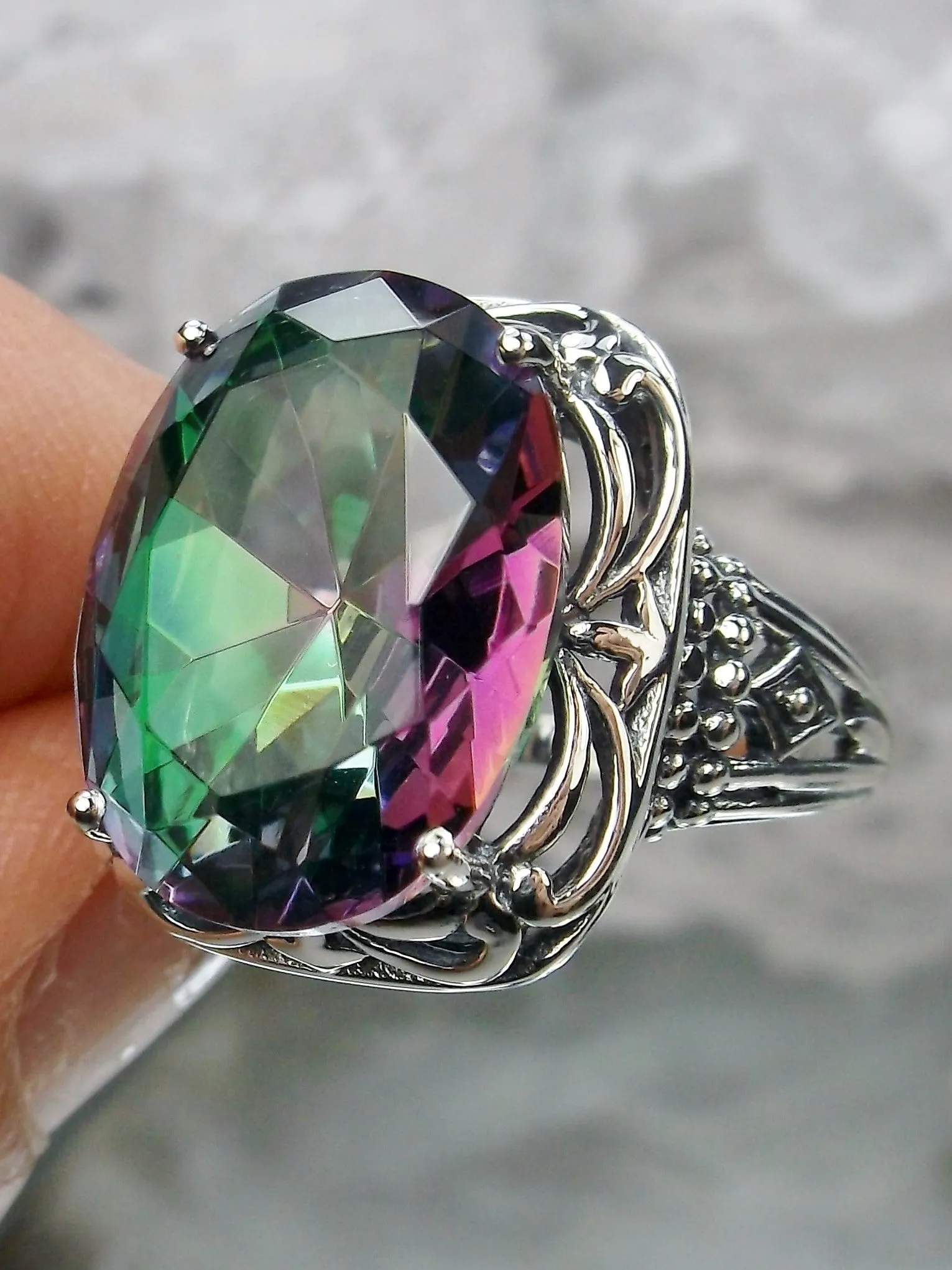 Mystic Topaz Ring, Oval Gemstone, Retro Swirl Filigree, Art Deco Vintage Jewelry, D119