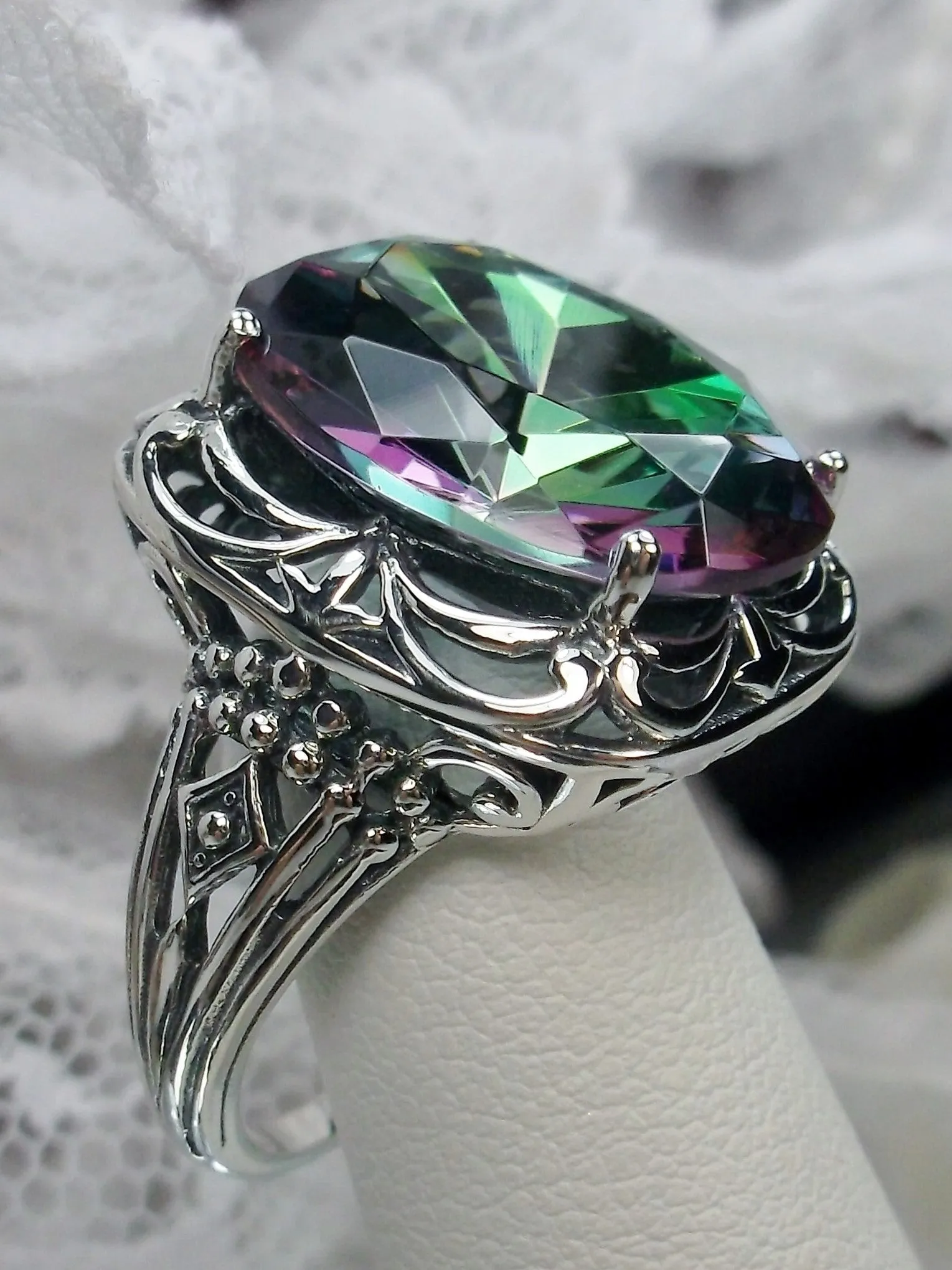 Mystic Topaz Ring, Oval Gemstone, Retro Swirl Filigree, Art Deco Vintage Jewelry, D119