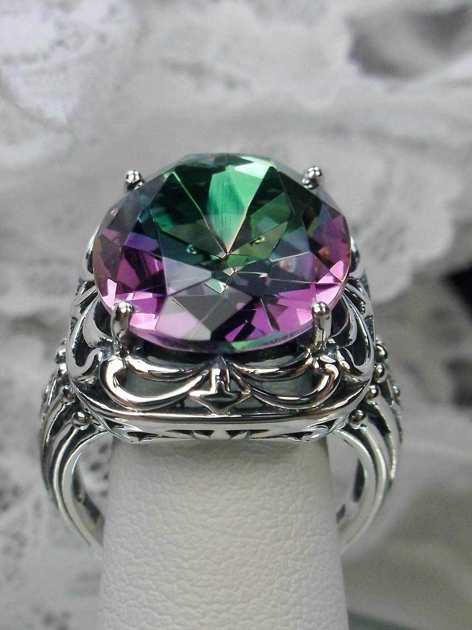 Mystic Topaz Ring, Oval Gemstone, Retro Swirl Filigree, Art Deco Vintage Jewelry, D119