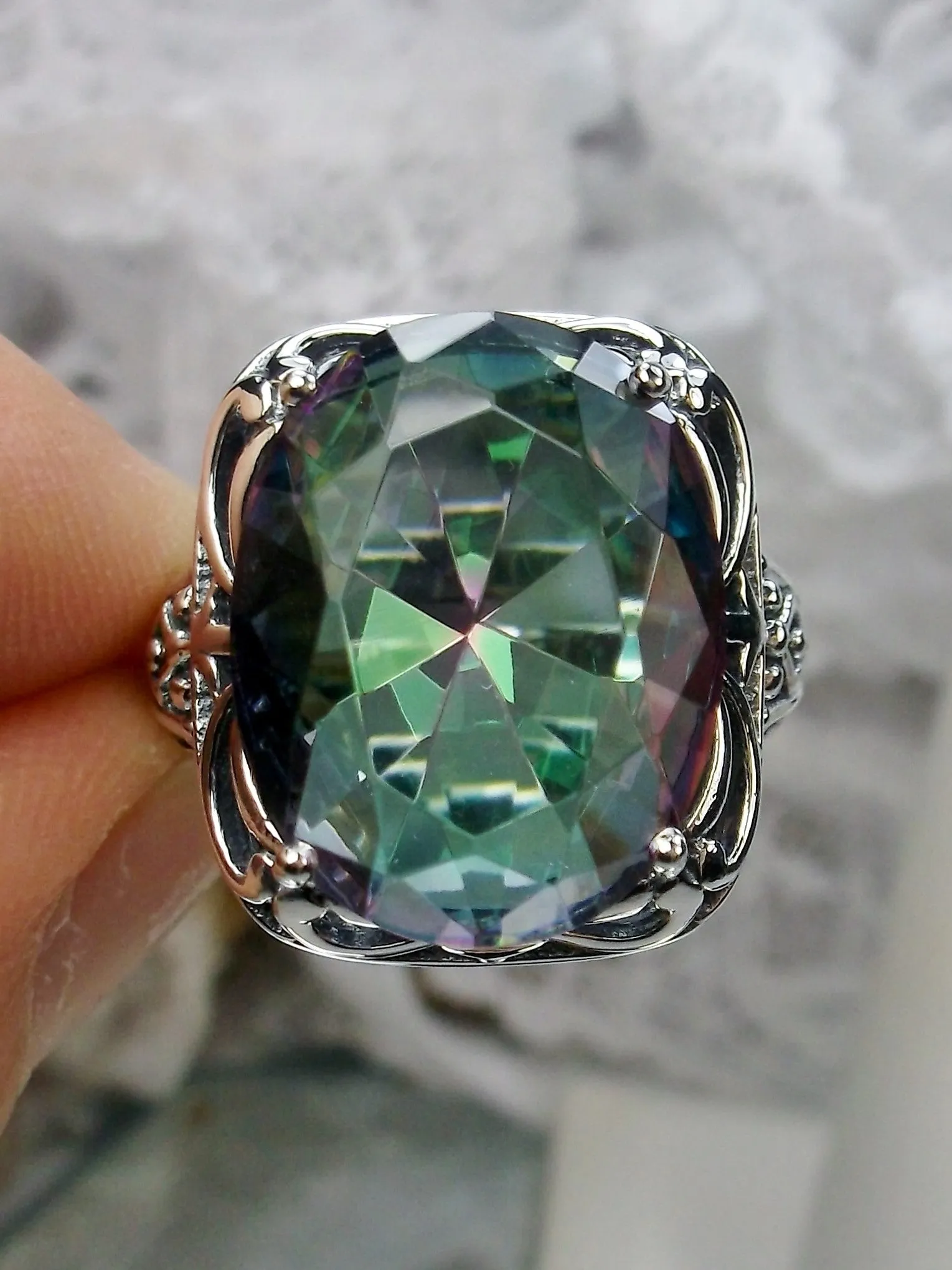 Mystic Topaz Ring, Oval Gemstone, Retro Swirl Filigree, Art Deco Vintage Jewelry, D119