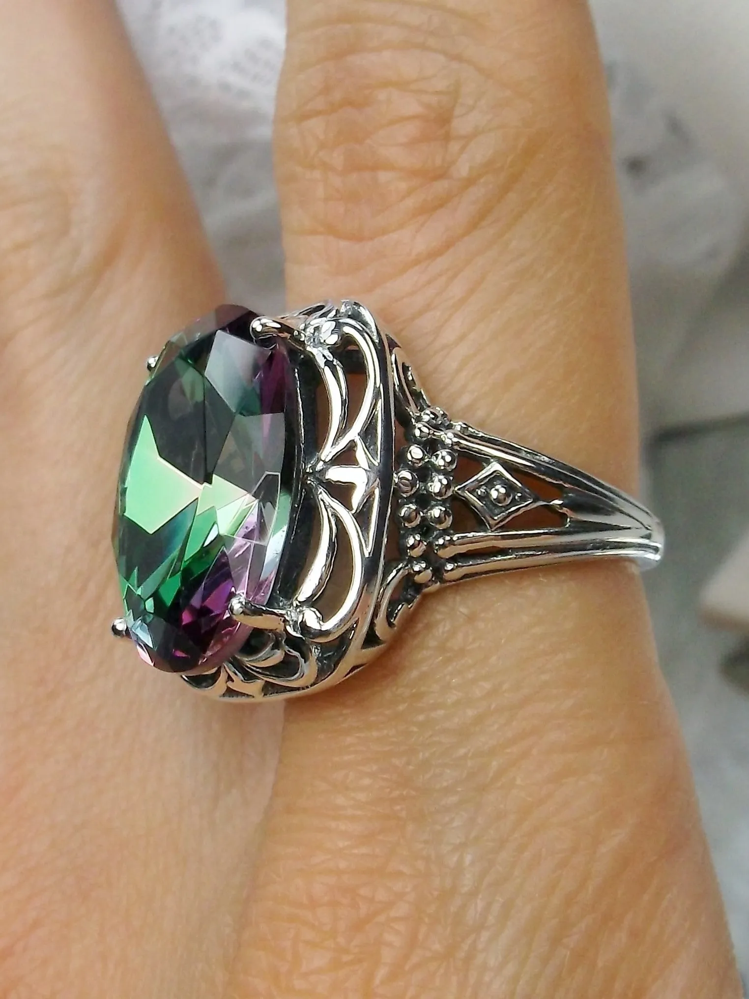 Mystic Topaz Ring, Oval Gemstone, Retro Swirl Filigree, Art Deco Vintage Jewelry, D119
