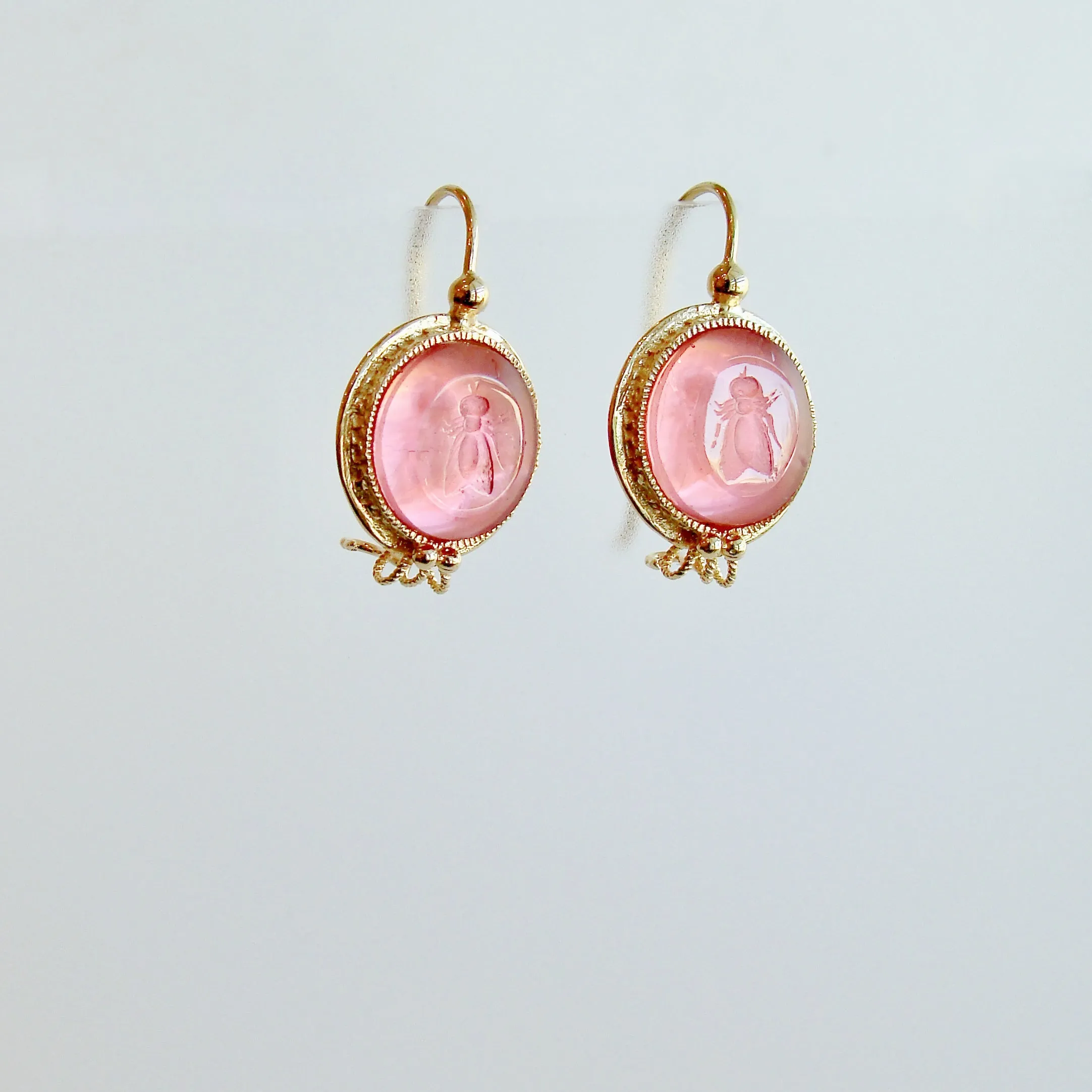 Napoleonic Bee Salmon Pink Intaglios Earrings - Peu d’Abelle Earrings