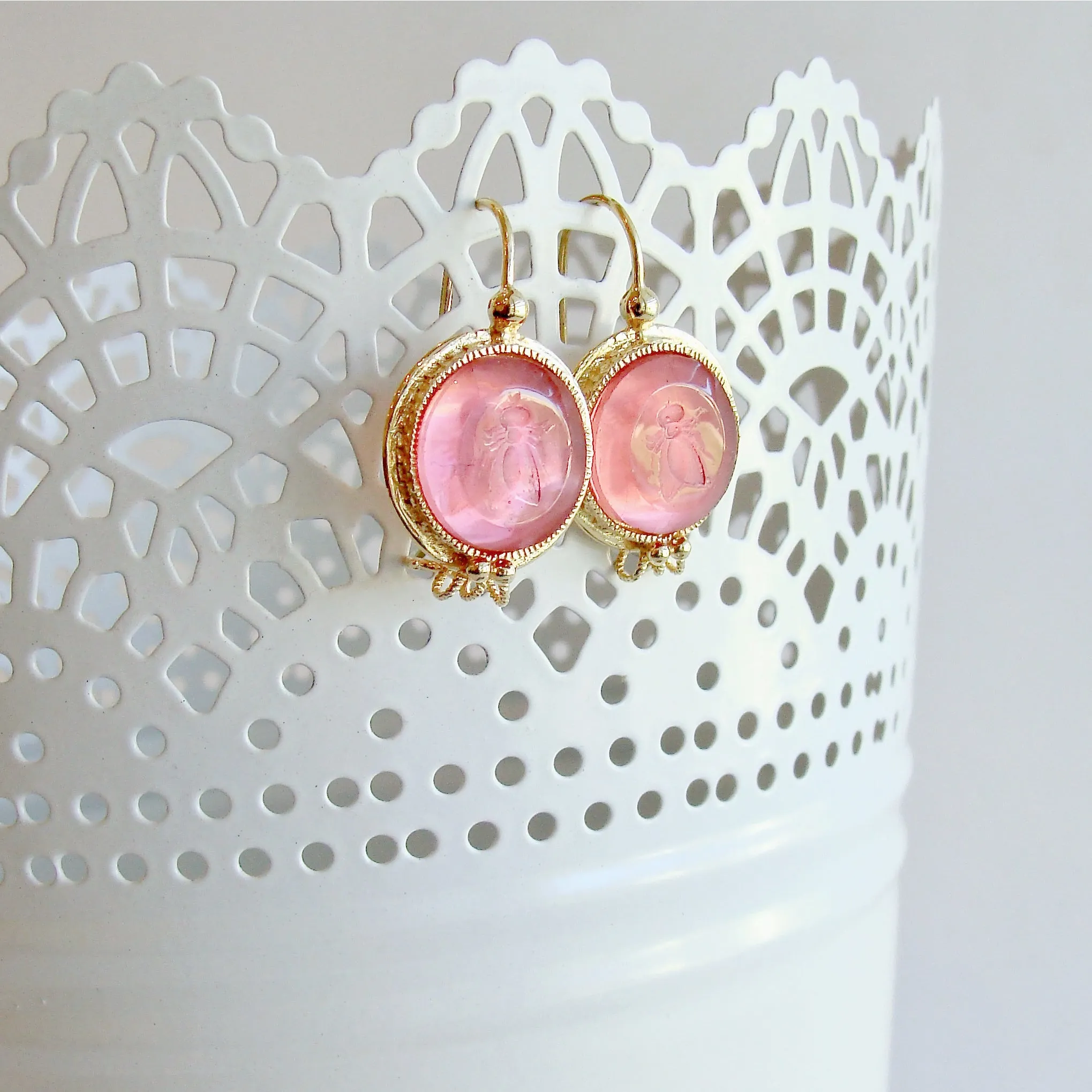 Napoleonic Bee Salmon Pink Intaglios Earrings - Peu d’Abelle Earrings