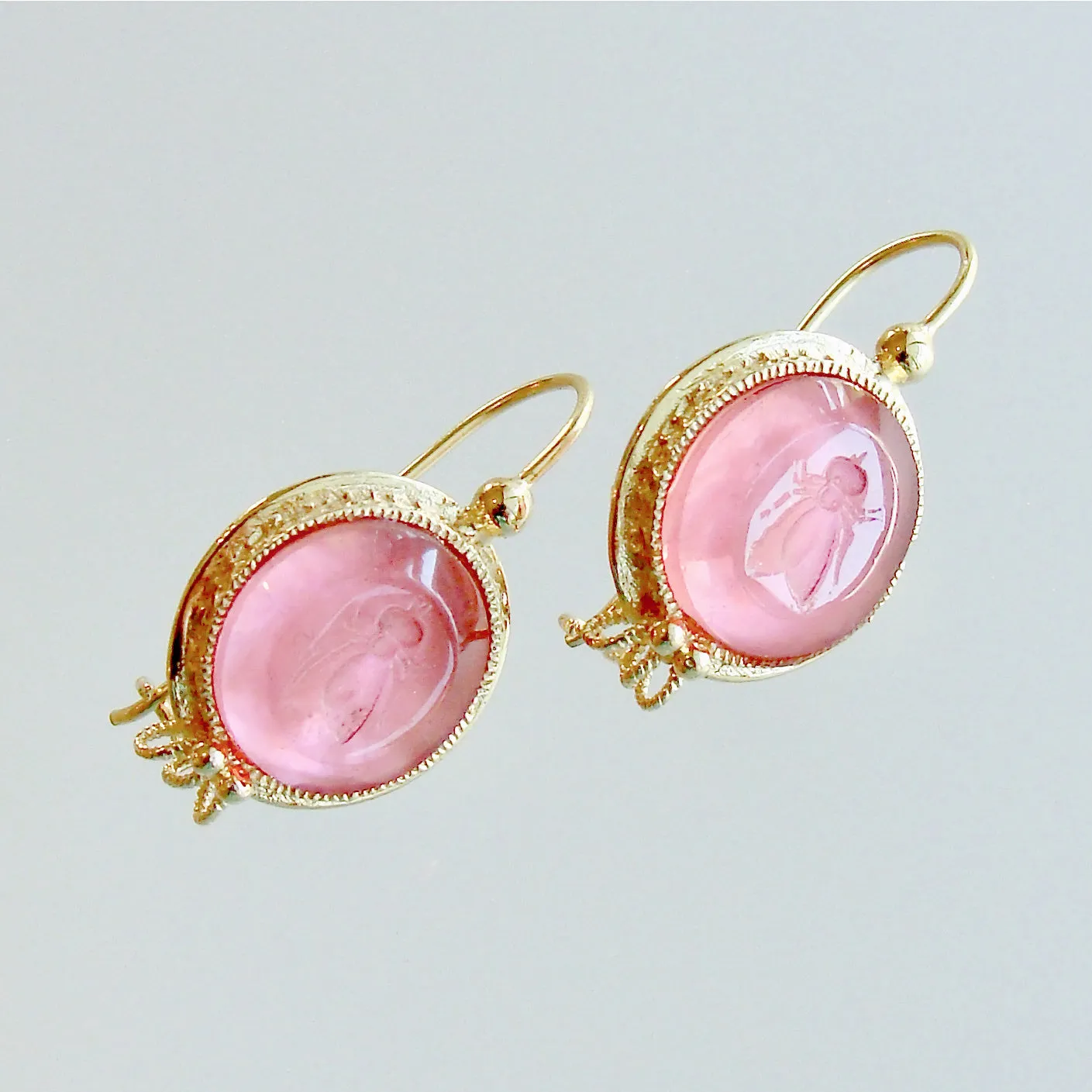 Napoleonic Bee Salmon Pink Intaglios Earrings - Peu d’Abelle Earrings