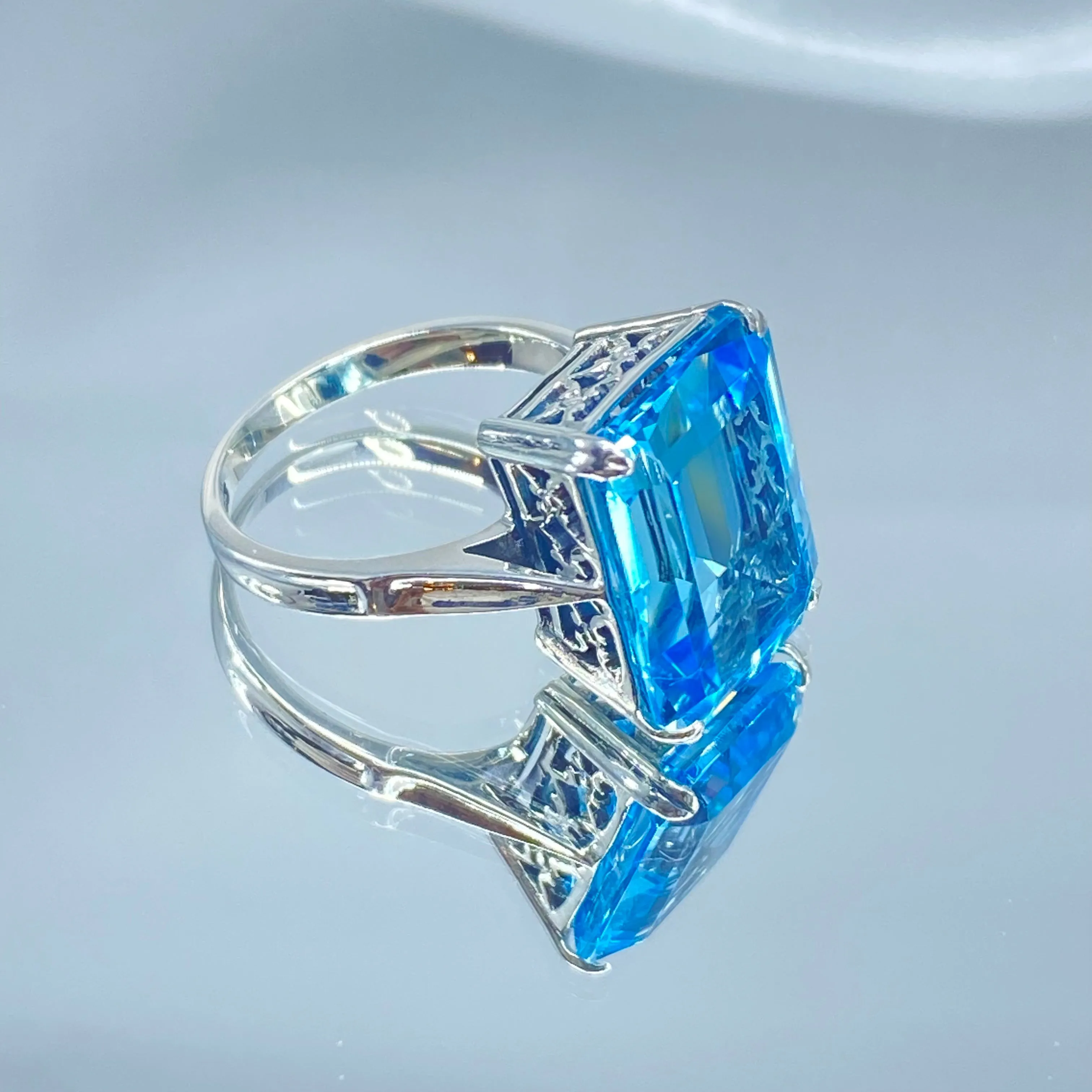 Natural Blue Topaz Ring, Cushion Cut Rectangle Gem, D225