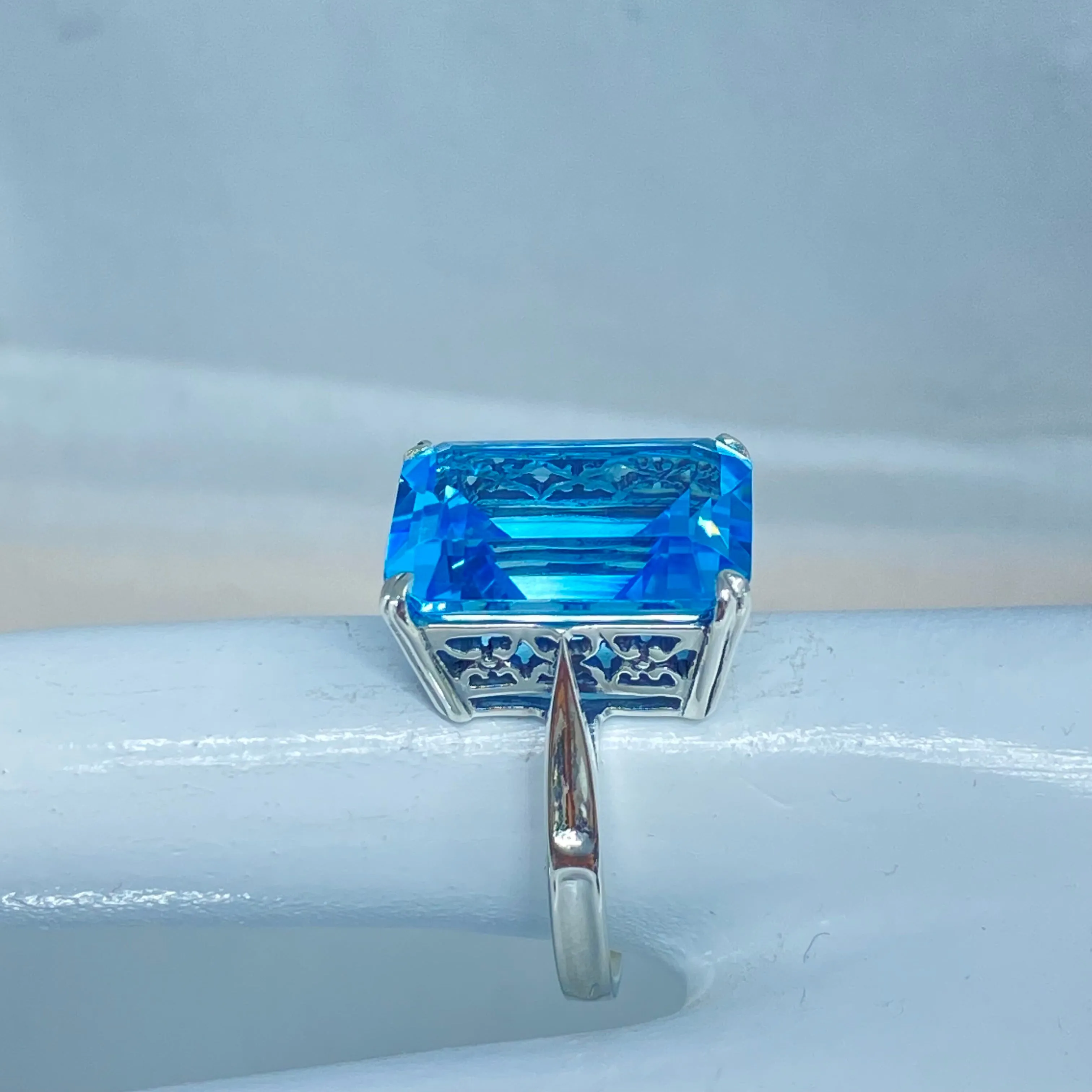 Natural Blue Topaz Ring, Cushion Cut Rectangle Gem, D225
