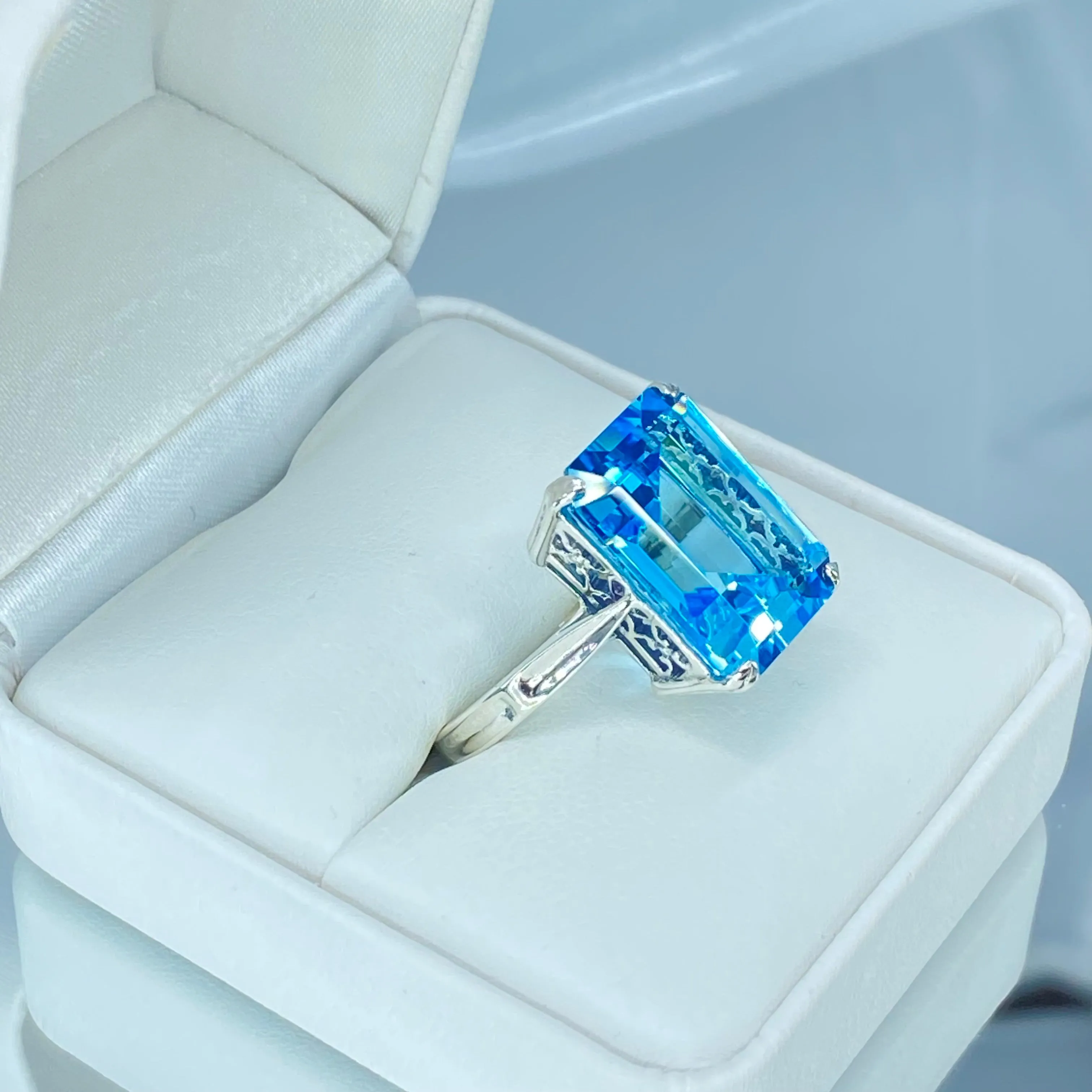 Natural Blue Topaz Ring, Cushion Cut Rectangle Gem, D225