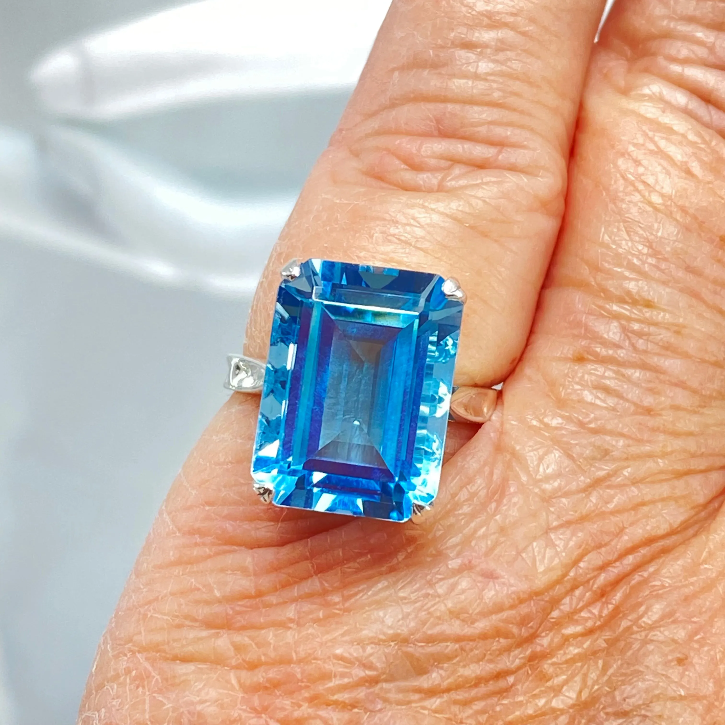 Natural Blue Topaz Ring, Cushion Cut Rectangle Gem, D225