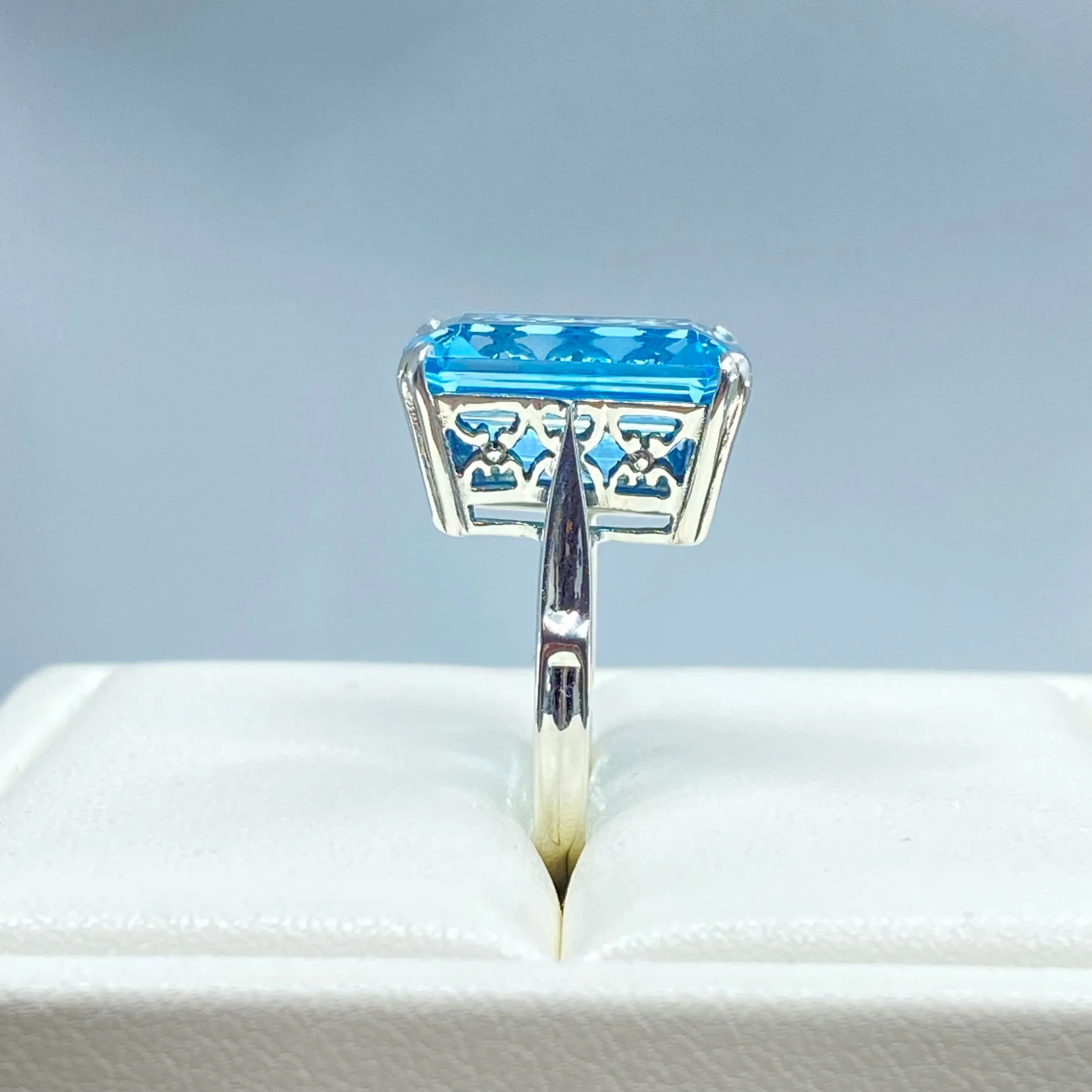 Natural Blue Topaz Ring, Cushion Cut Rectangle Gem, D225