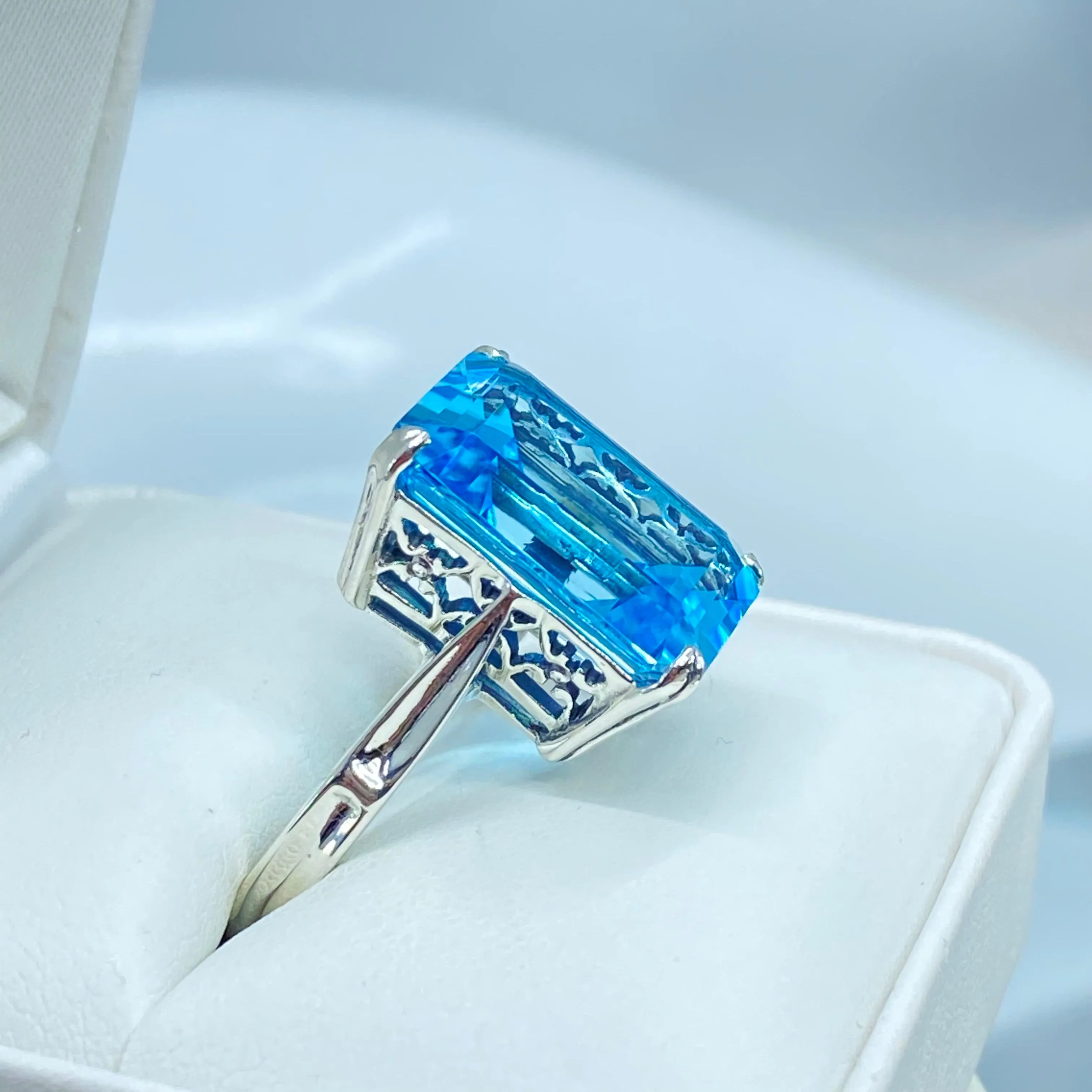 Natural Blue Topaz Ring, Cushion Cut Rectangle Gem, D225