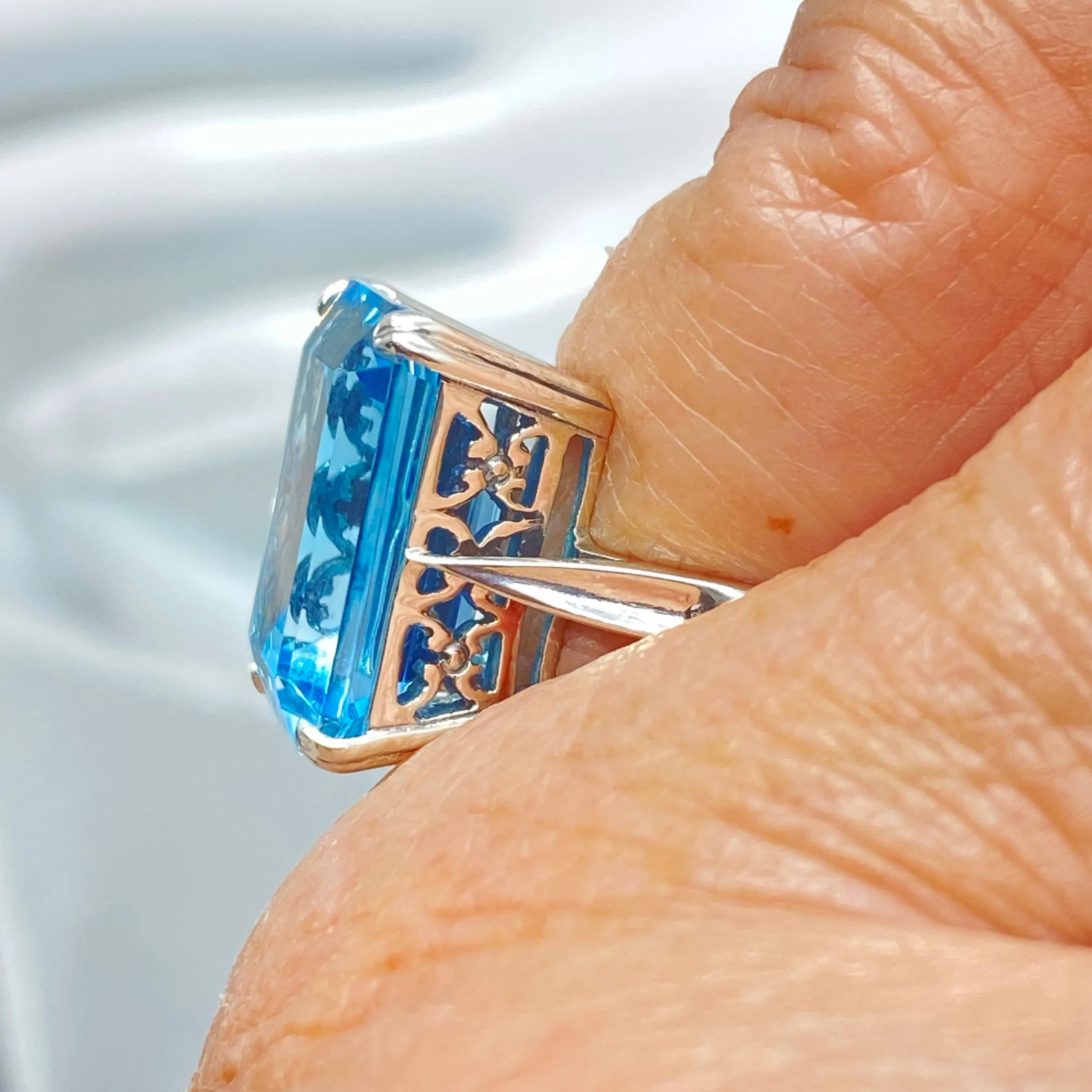 Natural Blue Topaz Ring, Cushion Cut Rectangle Gem, D225