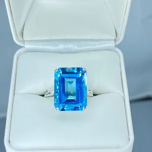 Natural Blue Topaz Ring, Cushion Cut Rectangle Gem, D225