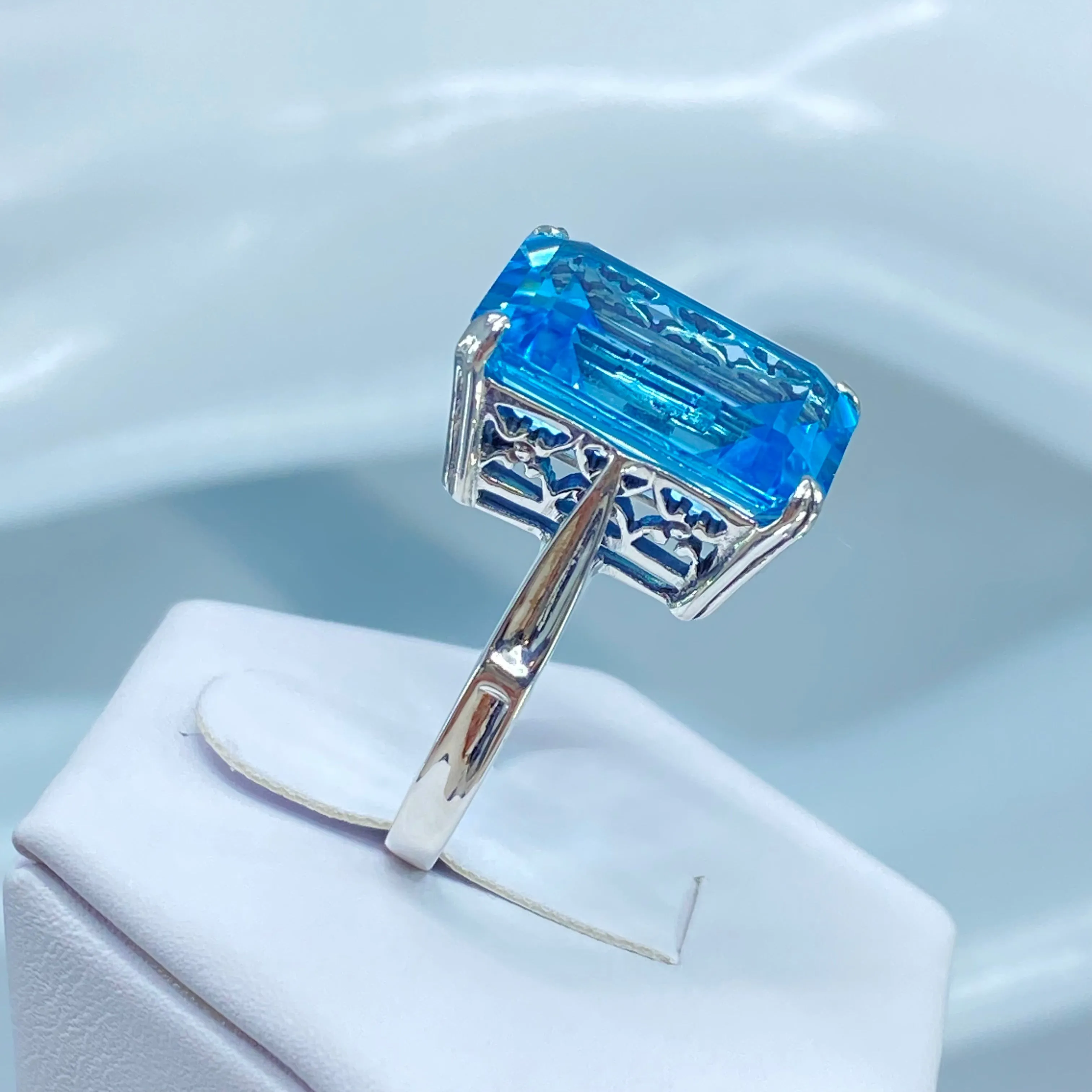 Natural Blue Topaz Ring, Cushion Cut Rectangle Gem, D225