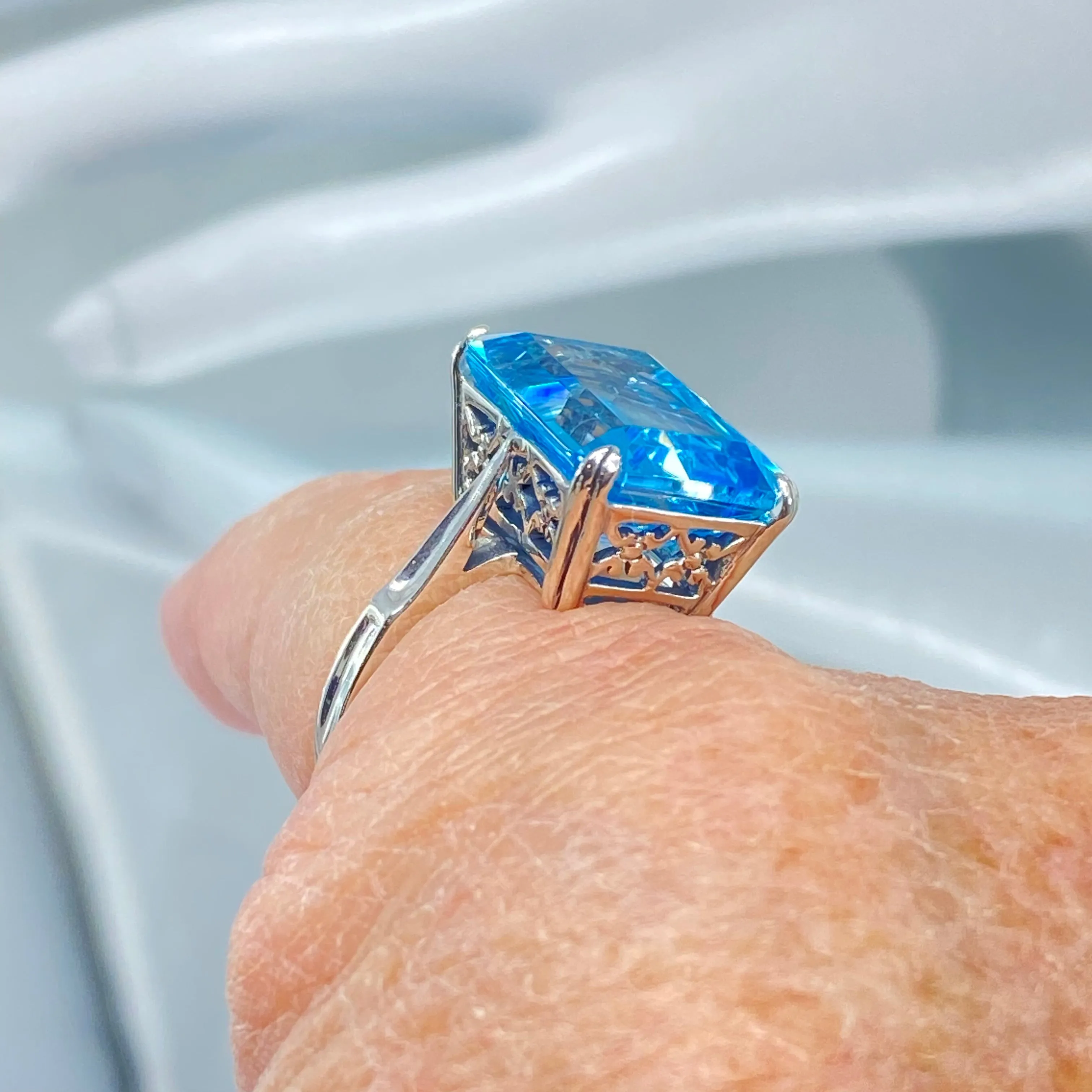 Natural Blue Topaz Ring, Cushion Cut Rectangle Gem, D225