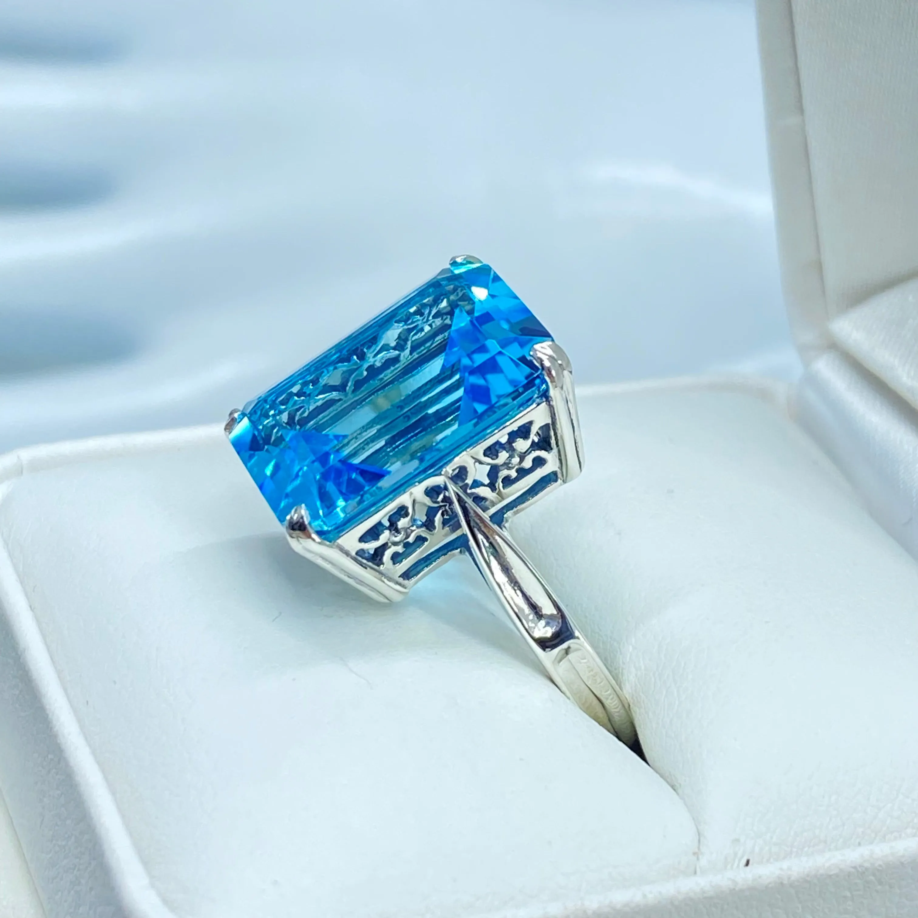 Natural Blue Topaz Ring, Cushion Cut Rectangle Gem, D225