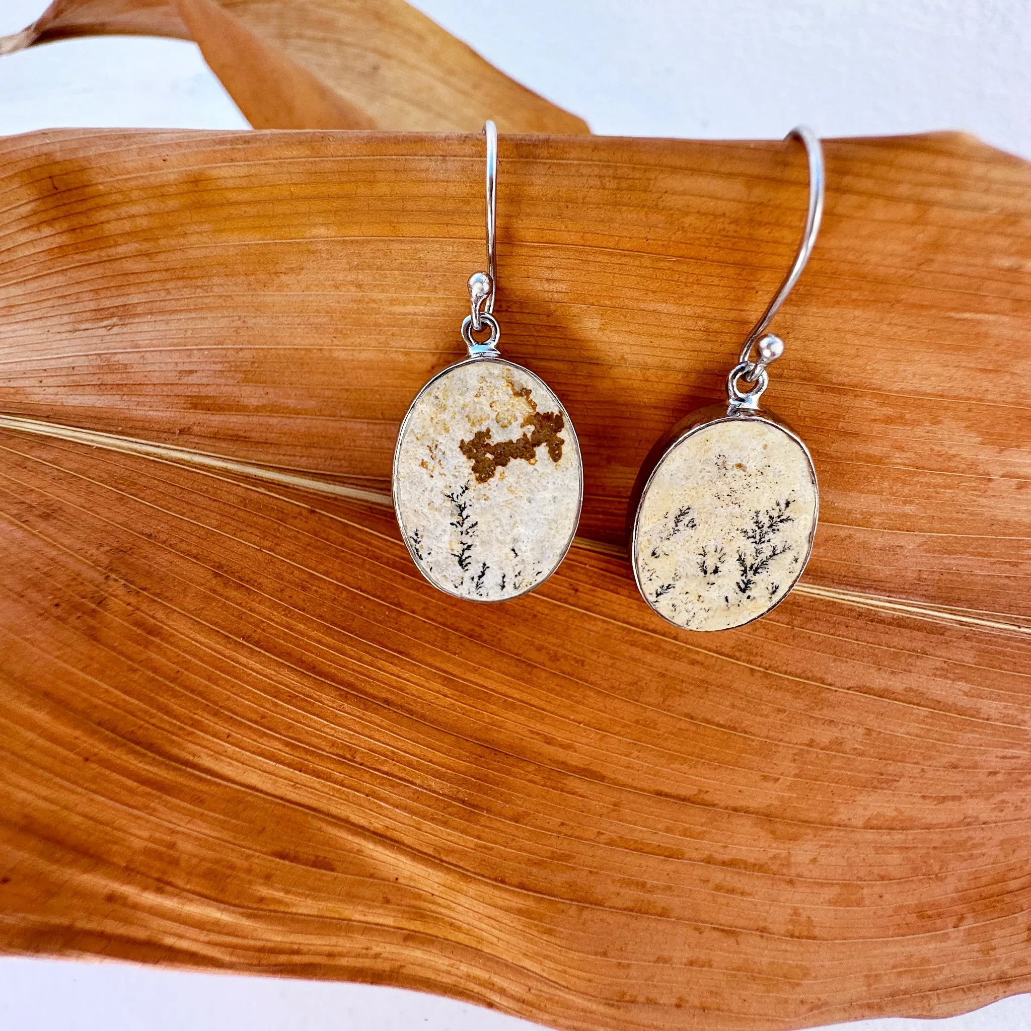 Natural Freeform Oval Leaf Jasper Silver Drop Earrings - 38mm x 15mm