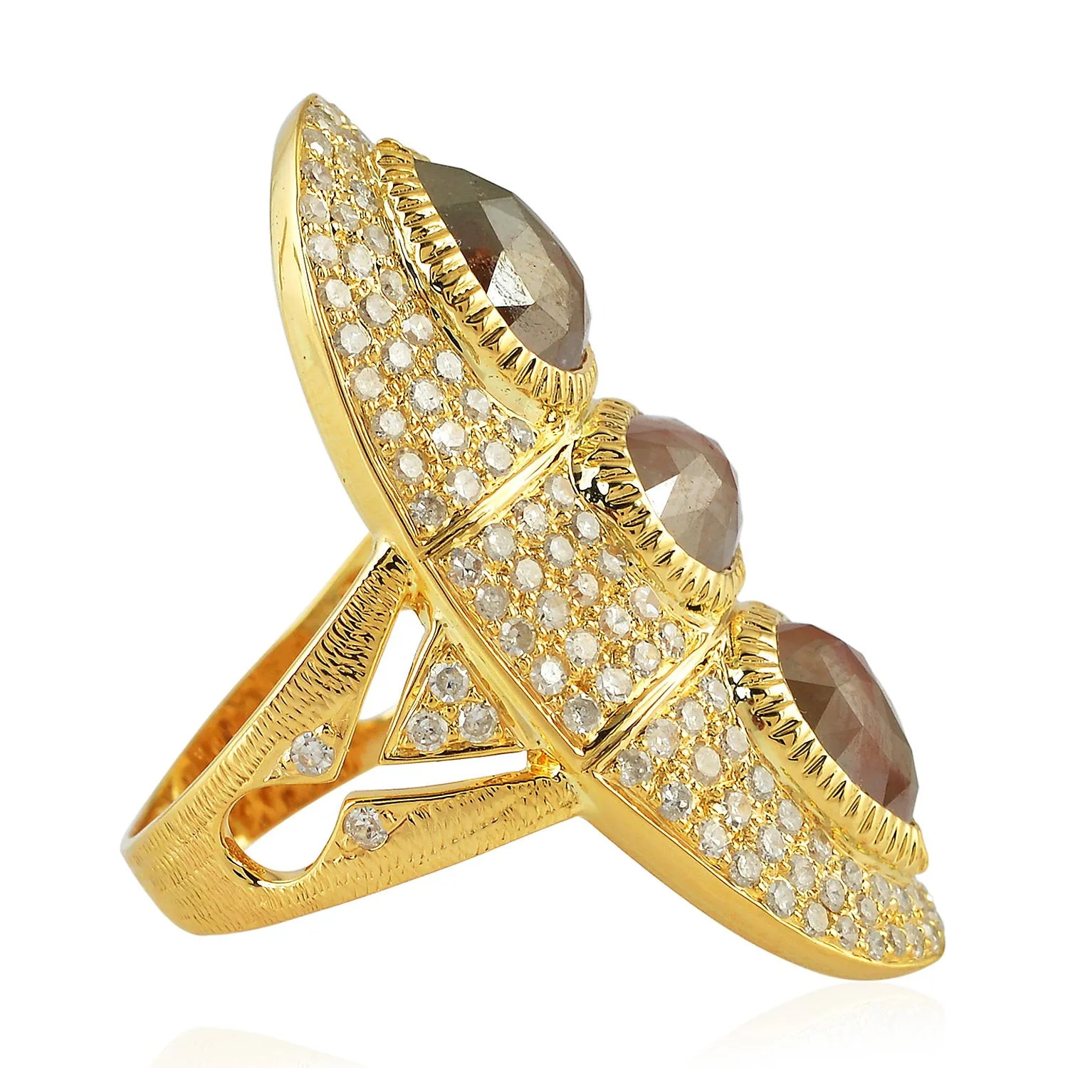 Natural Ice Diamond Three Stone Ethnic Long Ring In 18K Yellow Gold For Women's