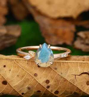 Nature Inspiration Pear Shaped 1.8CT Labradrite Engagement Ring Leaf Cluster Ring 14k Soild Gold