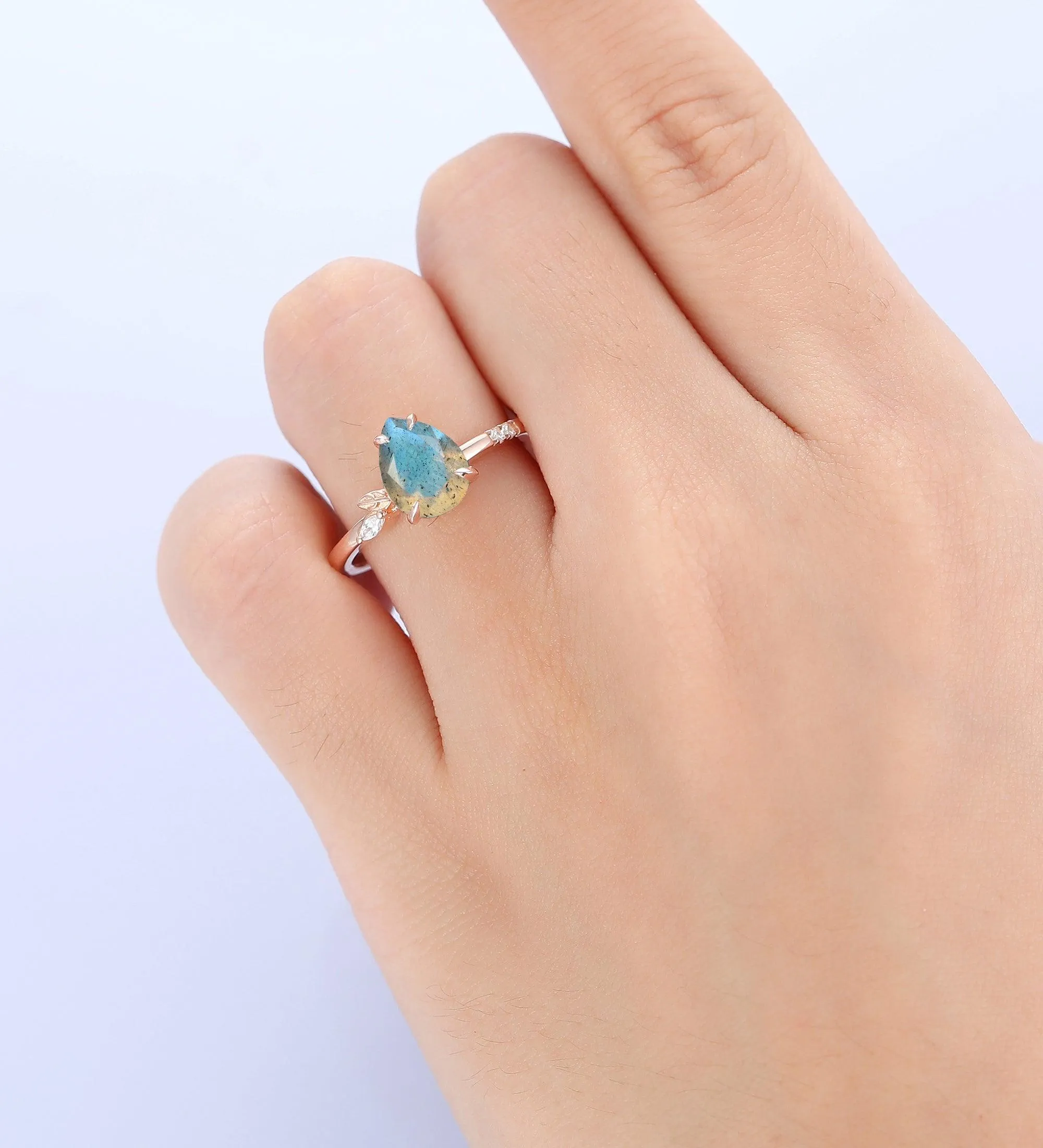Nature Inspiration Pear Shaped 1.8CT Labradrite Engagement Ring Leaf Cluster Ring 14k Soild Gold