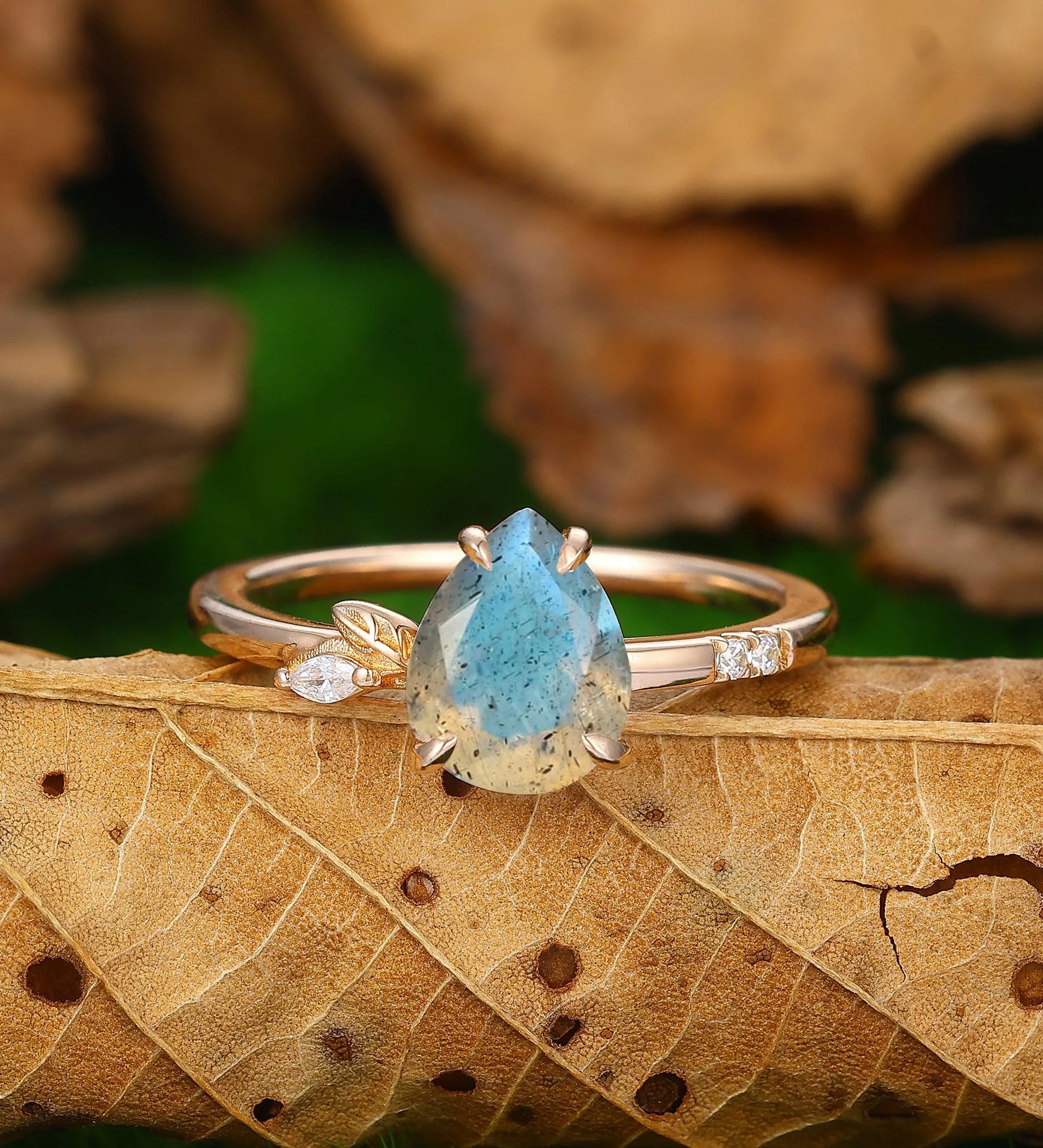 Nature Inspiration Pear Shaped 1.8CT Labradrite Engagement Ring Leaf Cluster Ring 14k Soild Gold