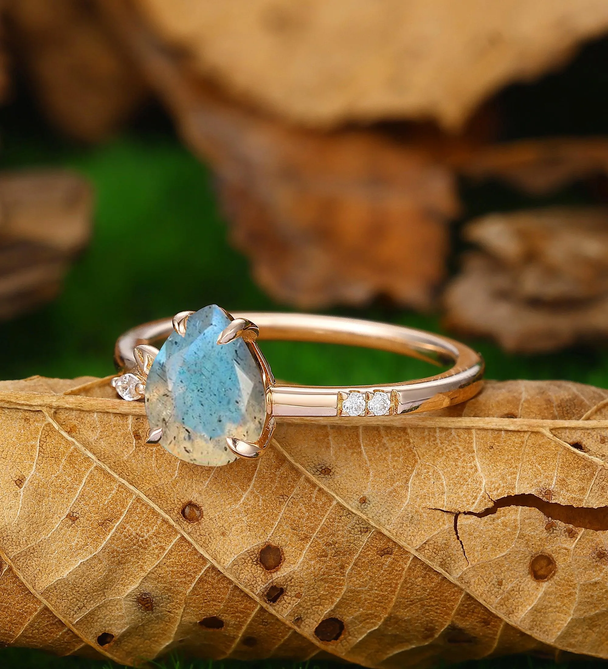 Nature Inspiration Pear Shaped 1.8CT Labradrite Engagement Ring Leaf Cluster Ring 14k Soild Gold