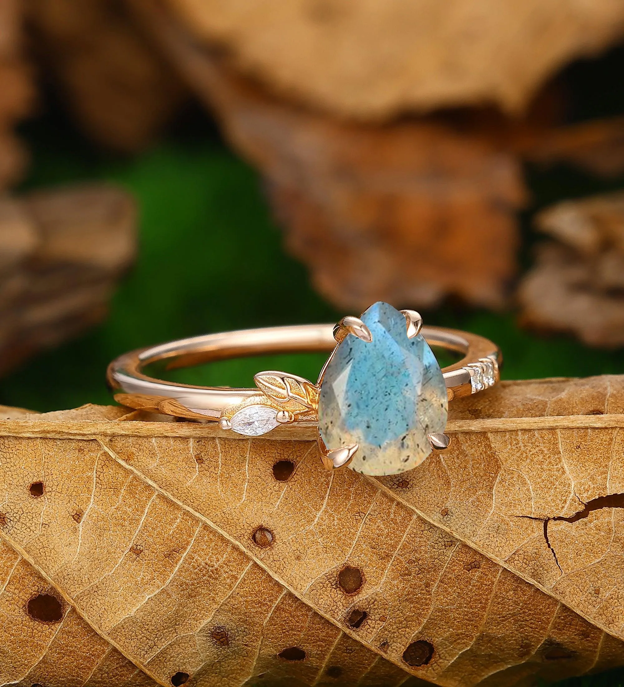 Nature Inspiration Pear Shaped 1.8CT Labradrite Engagement Ring Leaf Cluster Ring 14k Soild Gold