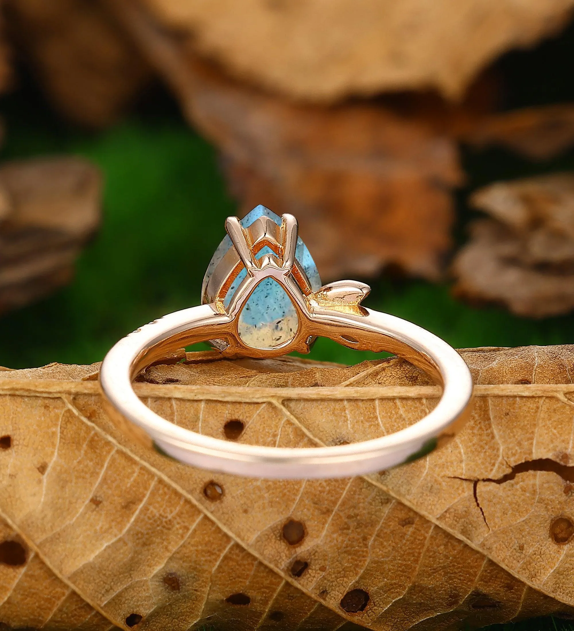 Nature Inspiration Pear Shaped 1.8CT Labradrite Engagement Ring Leaf Cluster Ring 14k Soild Gold