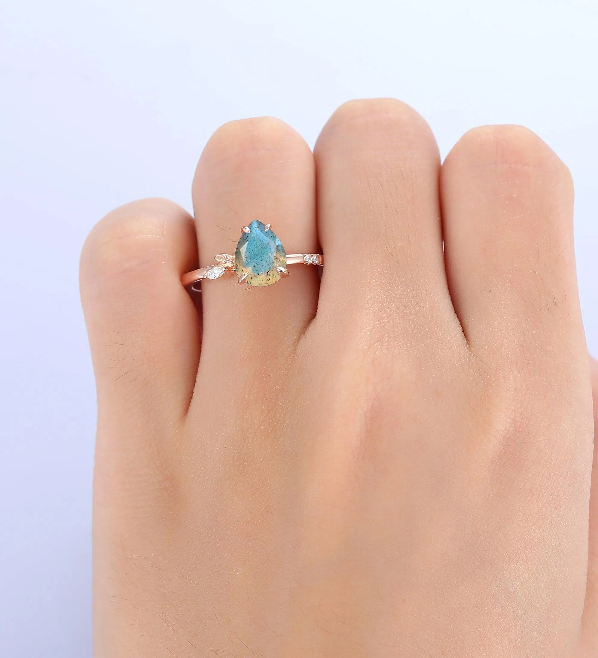 Nature Inspiration Pear Shaped 1.8CT Labradrite Engagement Ring Leaf Cluster Ring 14k Soild Gold
