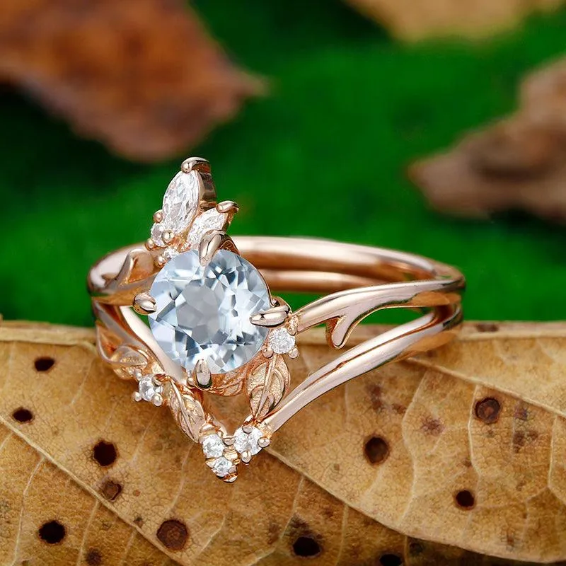 Nature Inspired 14k Gold Art Deco leaf branch Aquamarine ring