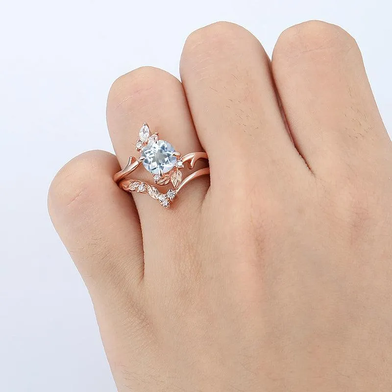 Nature Inspired 14k Gold Art Deco leaf branch Aquamarine ring