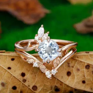 Nature Inspired 14k Gold Art Deco leaf branch Aquamarine ring