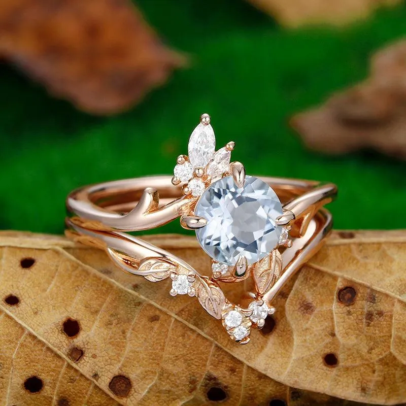 Nature Inspired 14k Gold Art Deco leaf branch Aquamarine ring
