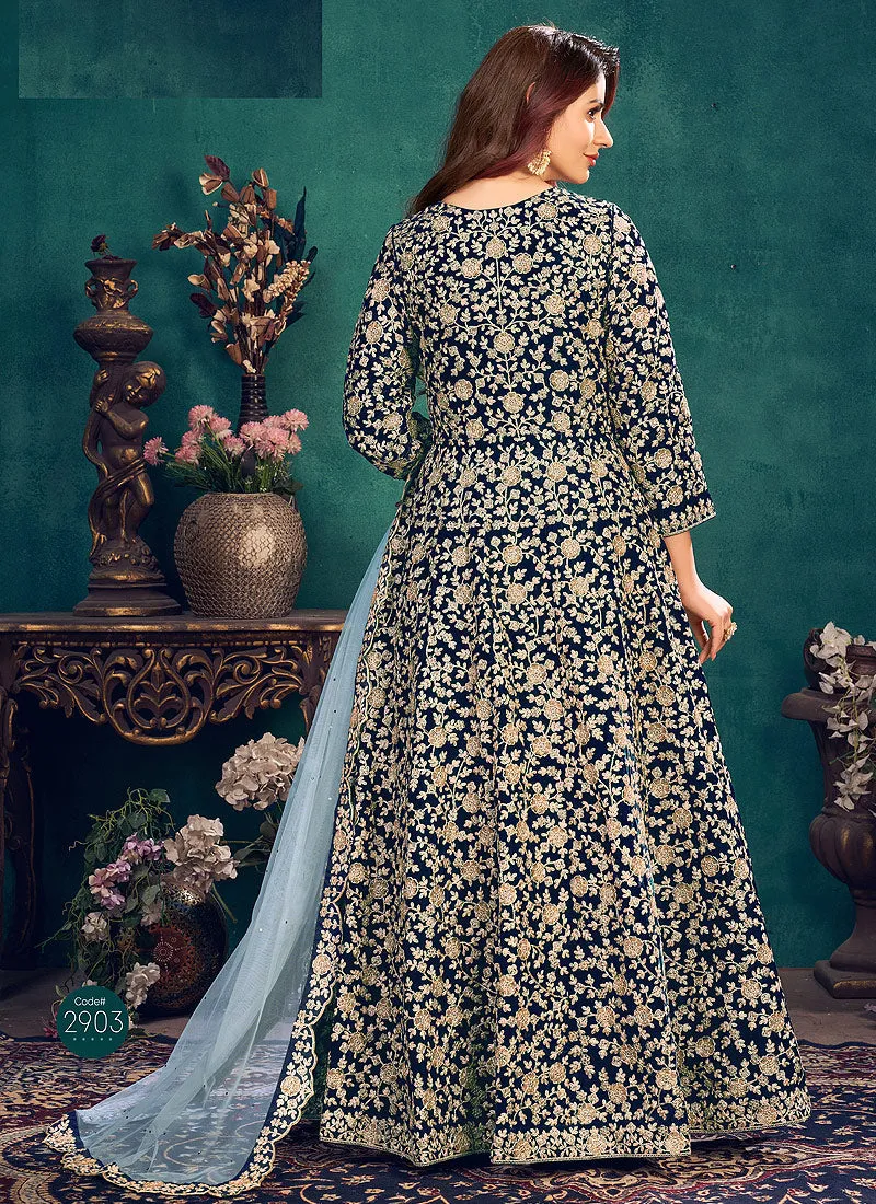 Navy Blue Zari Embellished Wedding Anarkali Suit
