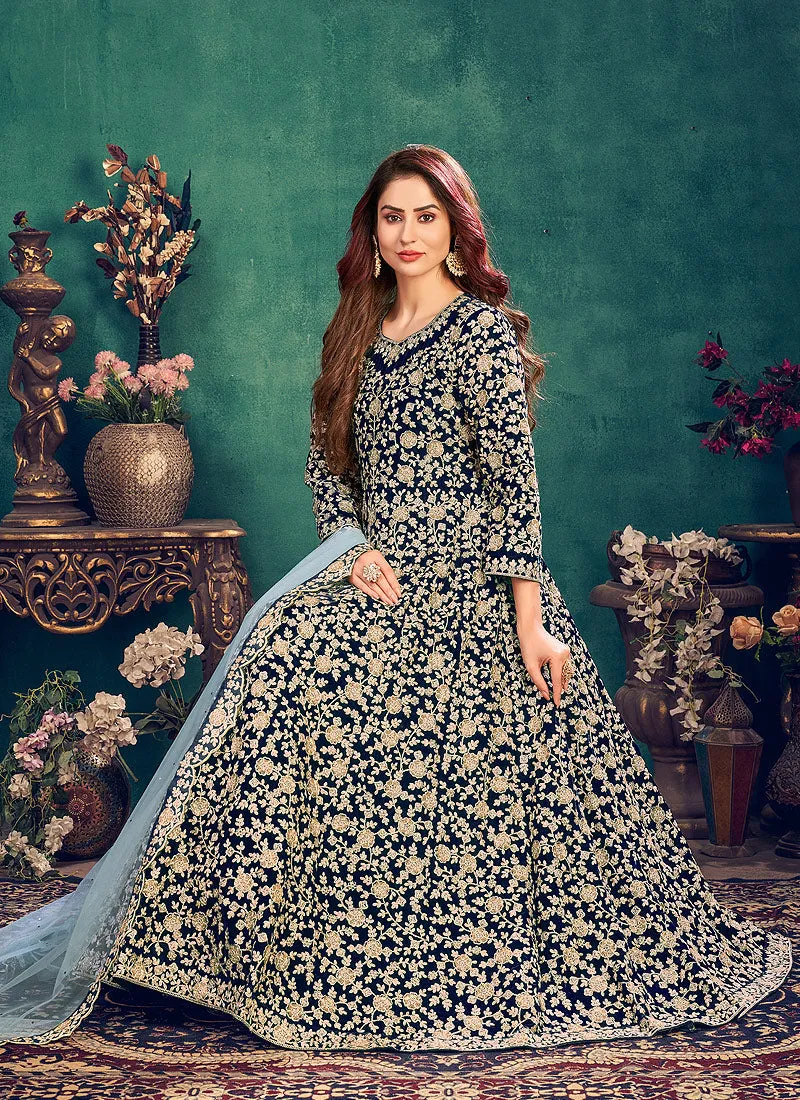 Navy Blue Zari Embellished Wedding Anarkali Suit