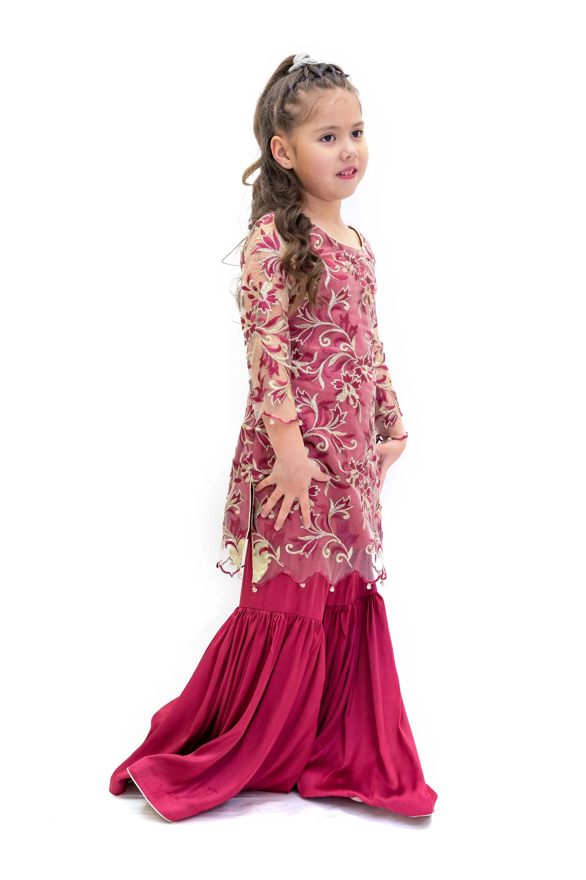 Net & Silk Magenta Salwar Kameez - Girls Suit