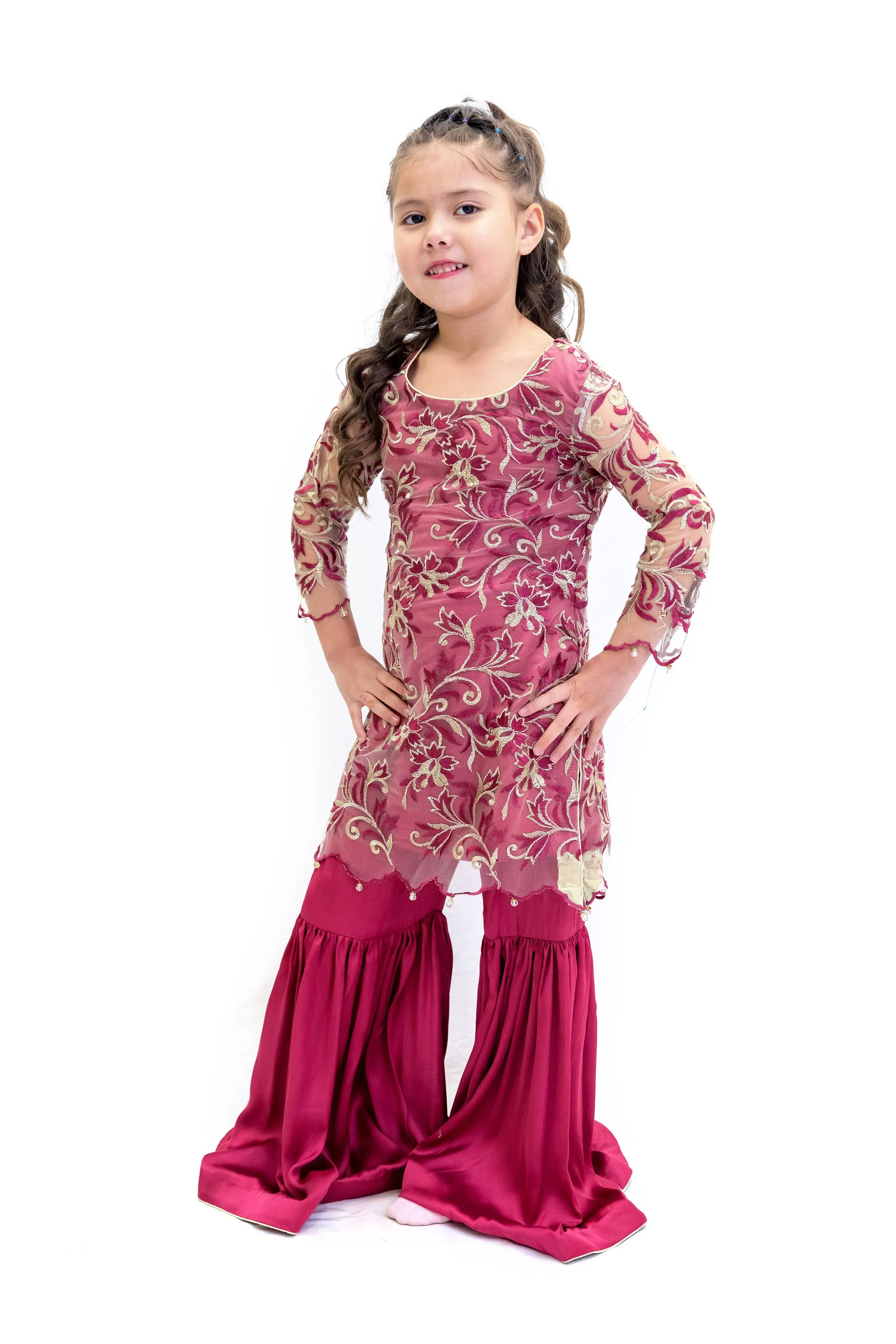 Net & Silk Magenta Salwar Kameez - Girls Suit