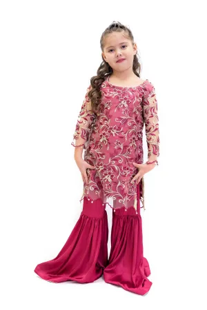 Net & Silk Magenta Salwar Kameez - Girls Suit