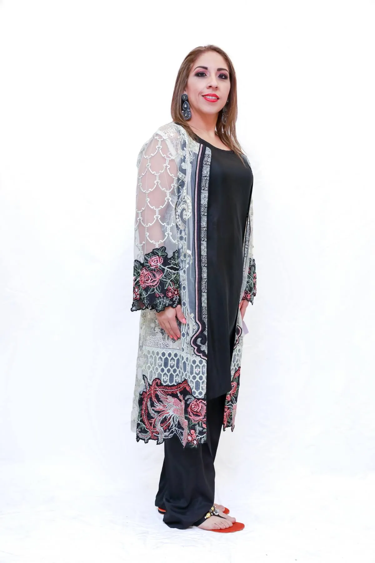 Net Embroidered Jacket & Black Silk Salwar Kameez - Suit