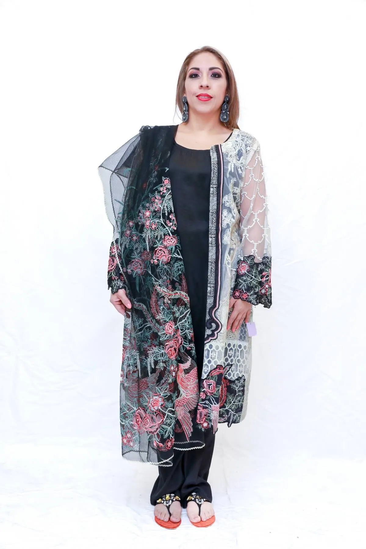 Net Embroidered Jacket & Black Silk Salwar Kameez - Suit