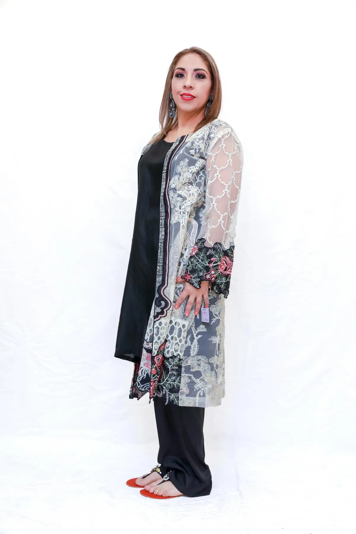 Net Embroidered Jacket & Black Silk Salwar Kameez - Suit