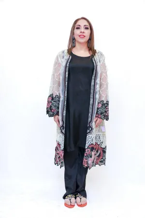 Net Embroidered Jacket & Black Silk Salwar Kameez - Suit