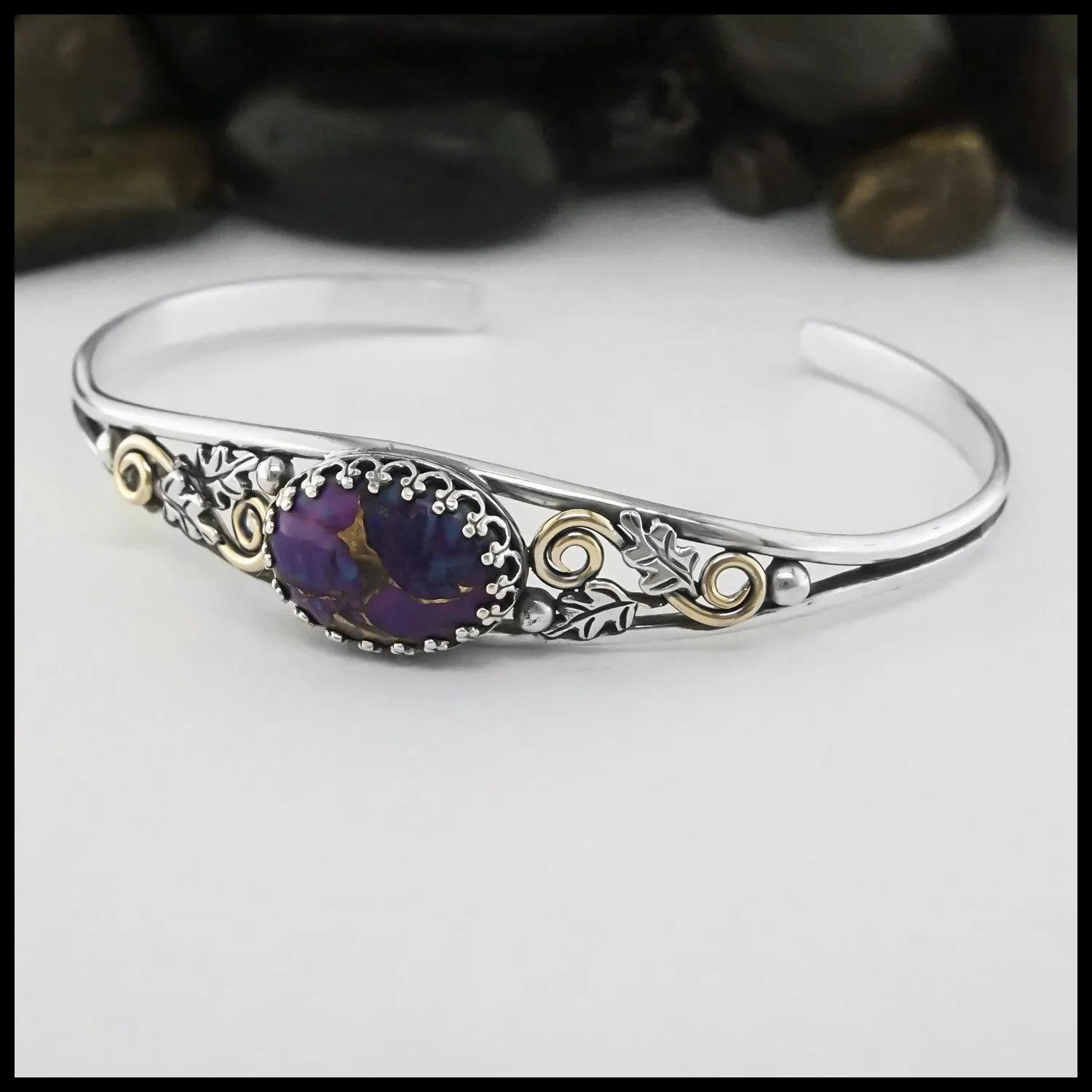 Oak Leaf Cuff Bracelet with Purple Turquoise