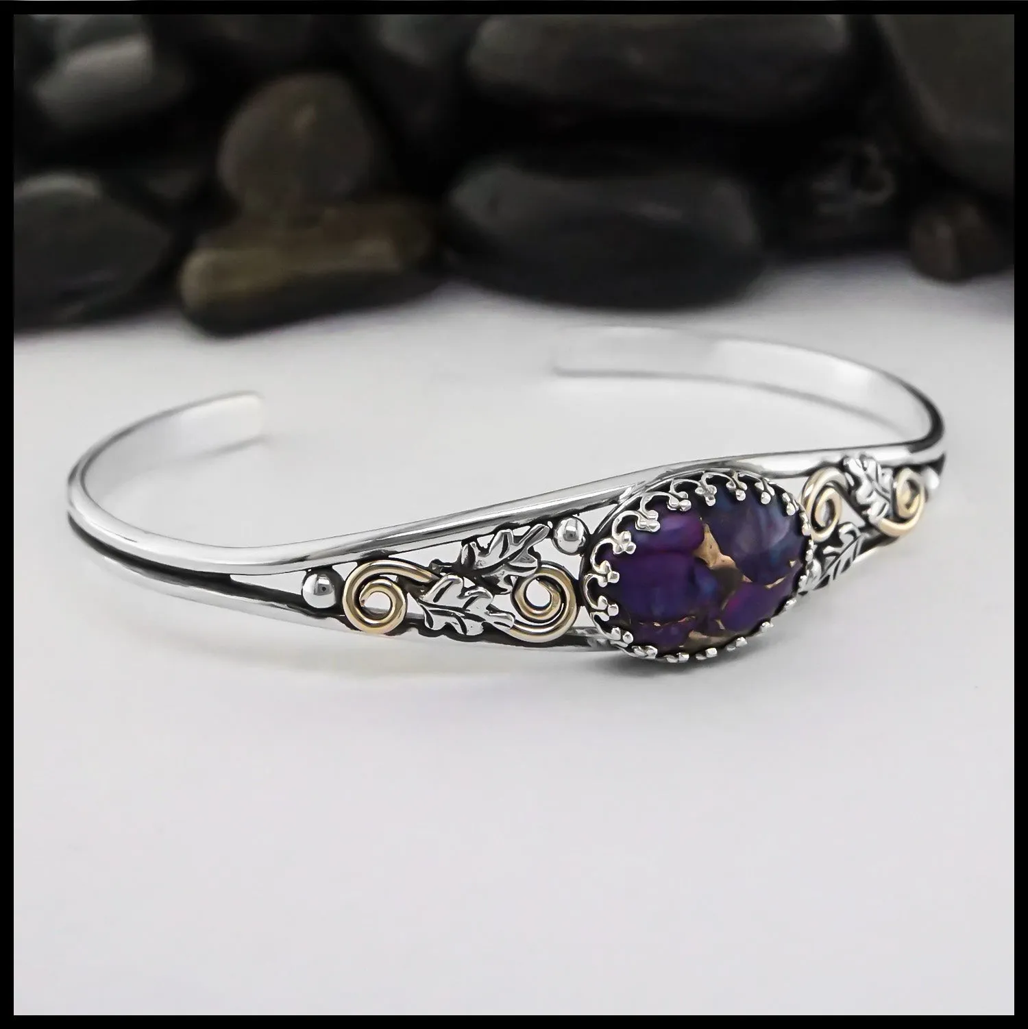Oak Leaf Cuff Bracelet with Purple Turquoise