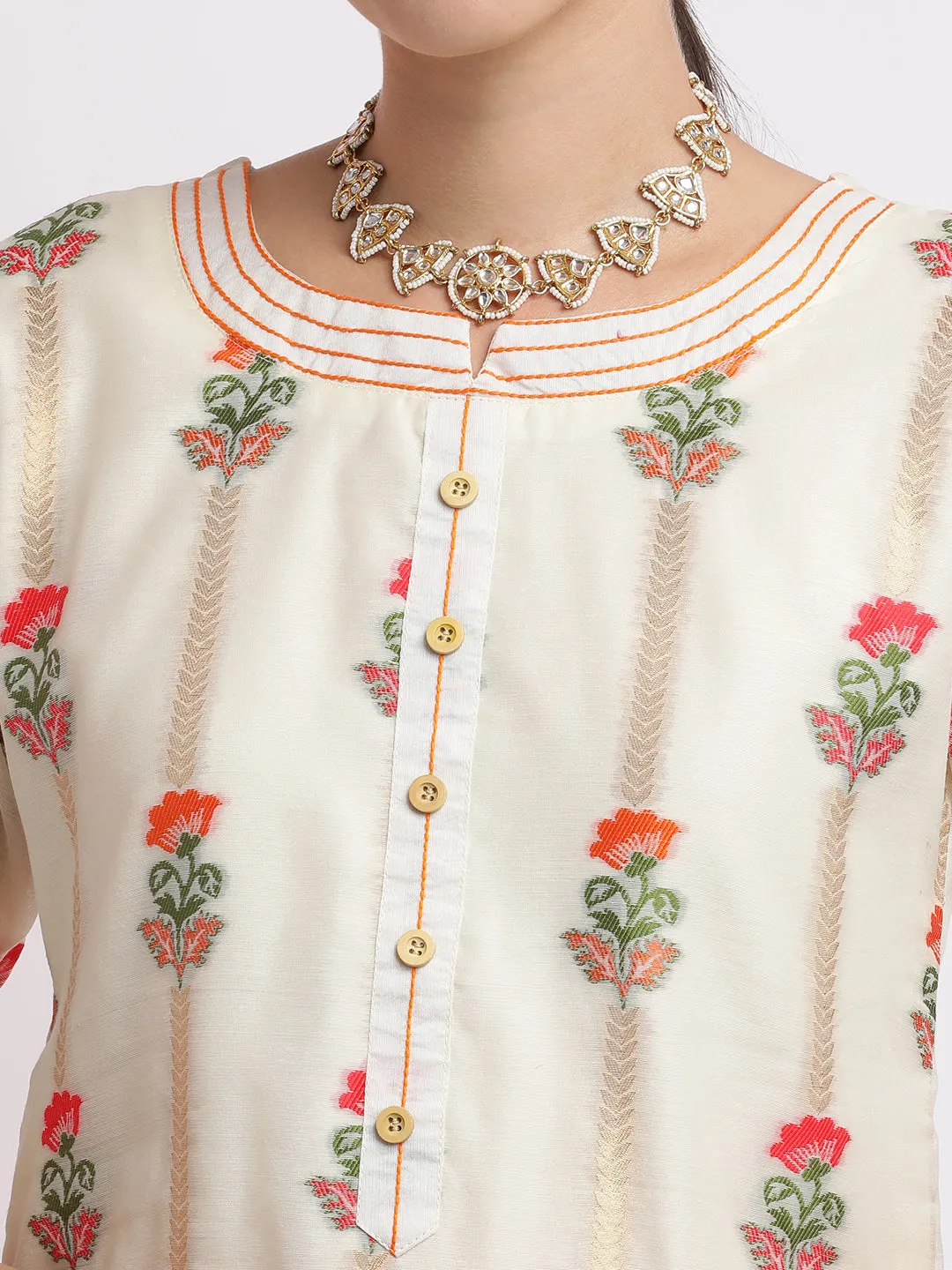 Off White Embroidered Chanderi Cotton Kurta Set With Dupatta