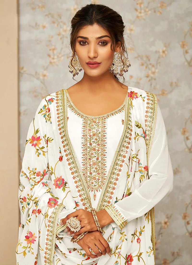 Off White Multi Embroidery Traditional Palazzo Suit