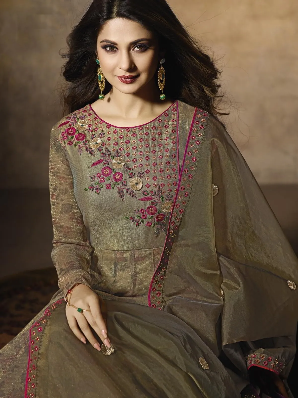 Olive Digital Printed Embroidered Silk Anarkali Suit