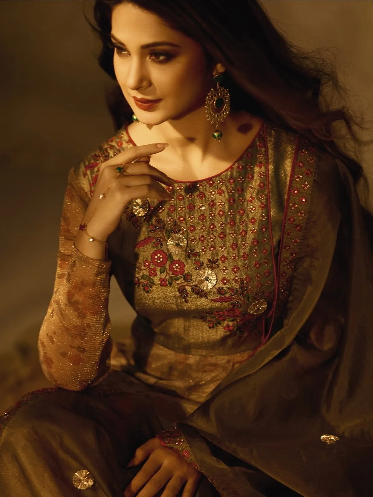 Olive Digital Printed Embroidered Silk Anarkali Suit