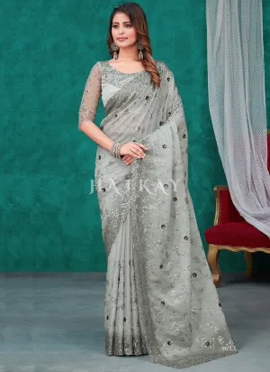 Olive Green Sequence And Appliqué Embroidery Silk Saree